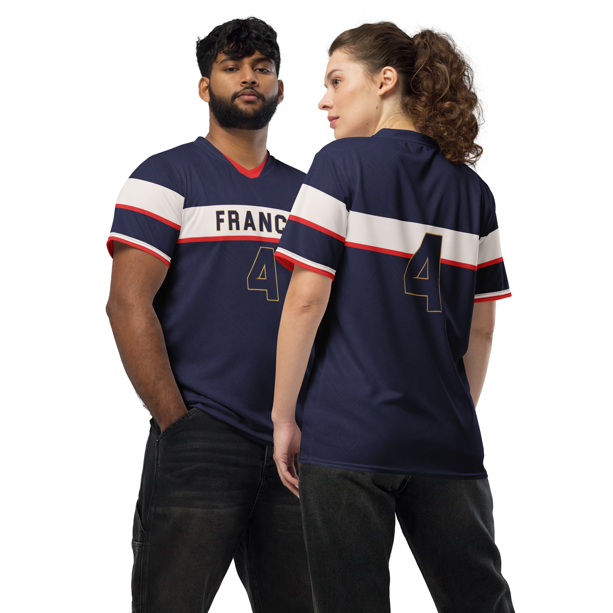 all-over-print-recycled-unisex-sports-jersey-France-Bleu-Majesté-edition-soccer-jersey-royal-blue-base-with-white-chest-band-and-gold-FRANCE-branding-premium-national-team-fanwear-front-and-back-view