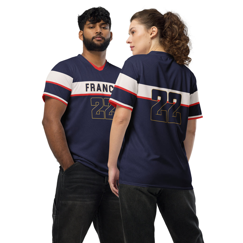 all-over-print-recycled-unisex-sports-jersey-France-Bleu-Majesté-edition-soccer-jersey-royal-blue-base-with-white-chest-band-and-gold-FRANCE-branding-premium-national-team-fanwear-front-and-back-view