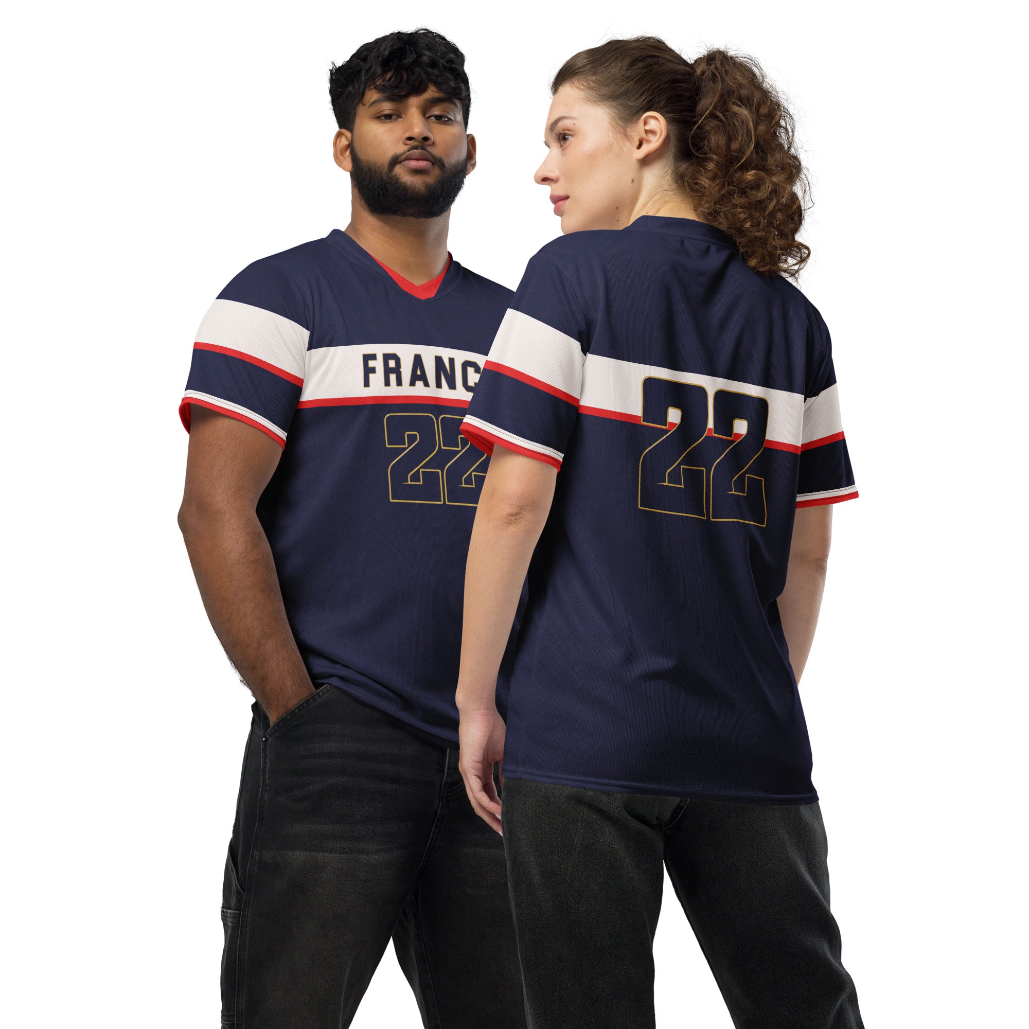all-over-print-recycled-unisex-sports-jersey-France-Bleu-Majesté-edition-soccer-jersey-royal-blue-base-with-white-chest-band-and-gold-FRANCE-branding-premium-national-team-fanwear-front-and-back-view