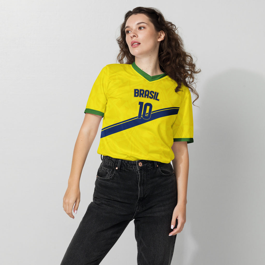 all-over-print-recycled-unisex-sports-jersey-#10- Brazil-Aurora-Amarela-edition-soccer-jersey-vibrant-yellow-with-blue-diagonal-strike-and-geometric-pattern -premium-national-team-fanwear-female-model-front-view