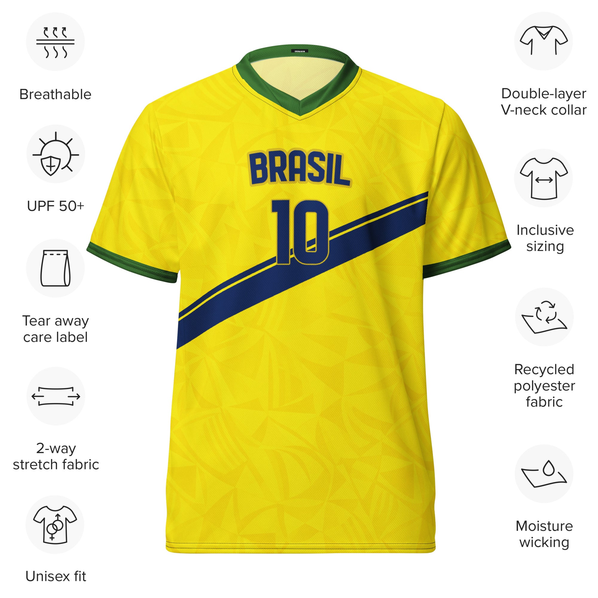 all-over-print-recycled-unisex-sports-jersey-#10- Brazil-Aurora-Amarela-edition-soccer-jersey vibrant-yellow-with-blue-diagonal-strike-and-geometric-pattern-premium-national-team-fanwear-front-view