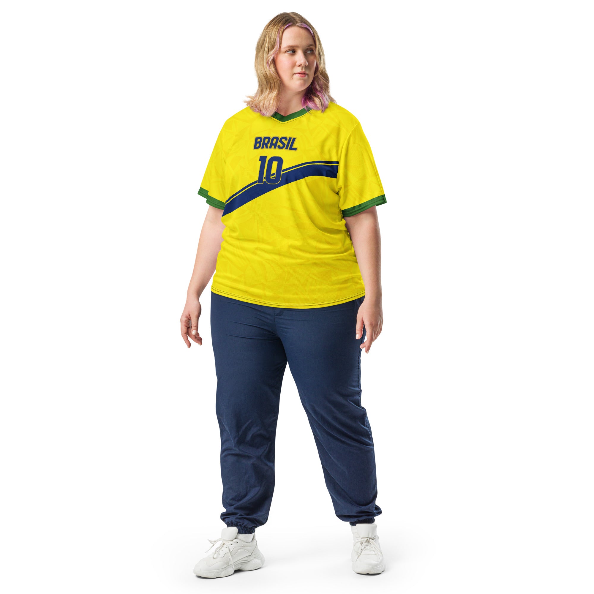 all-over-print-recycled-unisex-sports-jersey-#10- Brazil-Aurora-Amarela-edition-soccer-jersey-vibrant-yellow-with-blue-diagonal-strike-and-geometric-pattern-premium-national-team-fanwear-model-front-view2-female-model