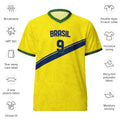 all-over-print-recycled-unisex-sports-jersey-#10- Brazil-Aurora-Amarela-edition-soccer-jersey vibrant-yellow-with-blue-diagonal-strike-and-geometric-pattern-premium-national-team-fanwear-front-view
