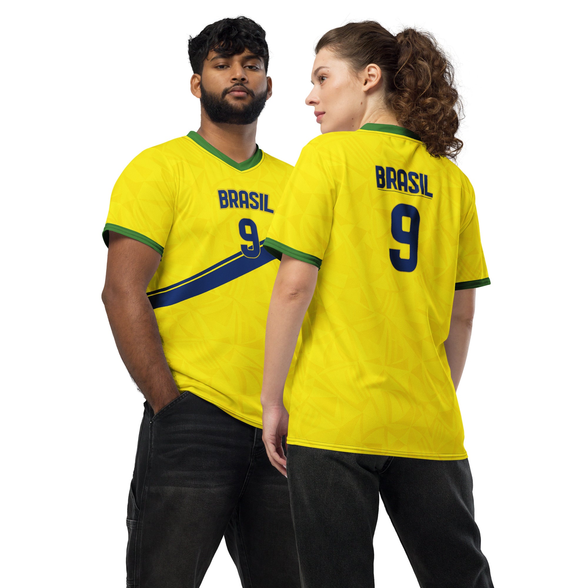 all-over-print-recycled-unisex-sports-jersey-#9-Brazil-Aurora-Amarela-edition-soccer-jersey-vibrant-yellow-with-blue-diagonal-strike-and-geometric-pattern-premium-national-team-fanwear-front-and-back-view