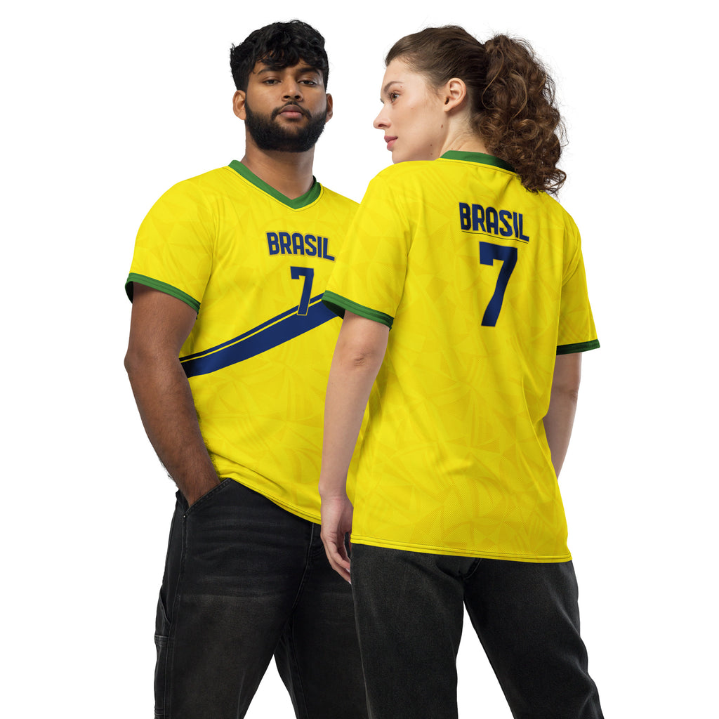 all-over-print-recycled-unisex-sports-jersey-#7-Brazil-Aurora-Amarela-edition-soccer-jersey-vibrant-yellow-with-blue-diagonal-strike-and-geometric-pattern-premium-national-team-fanwear-front-and-back-view