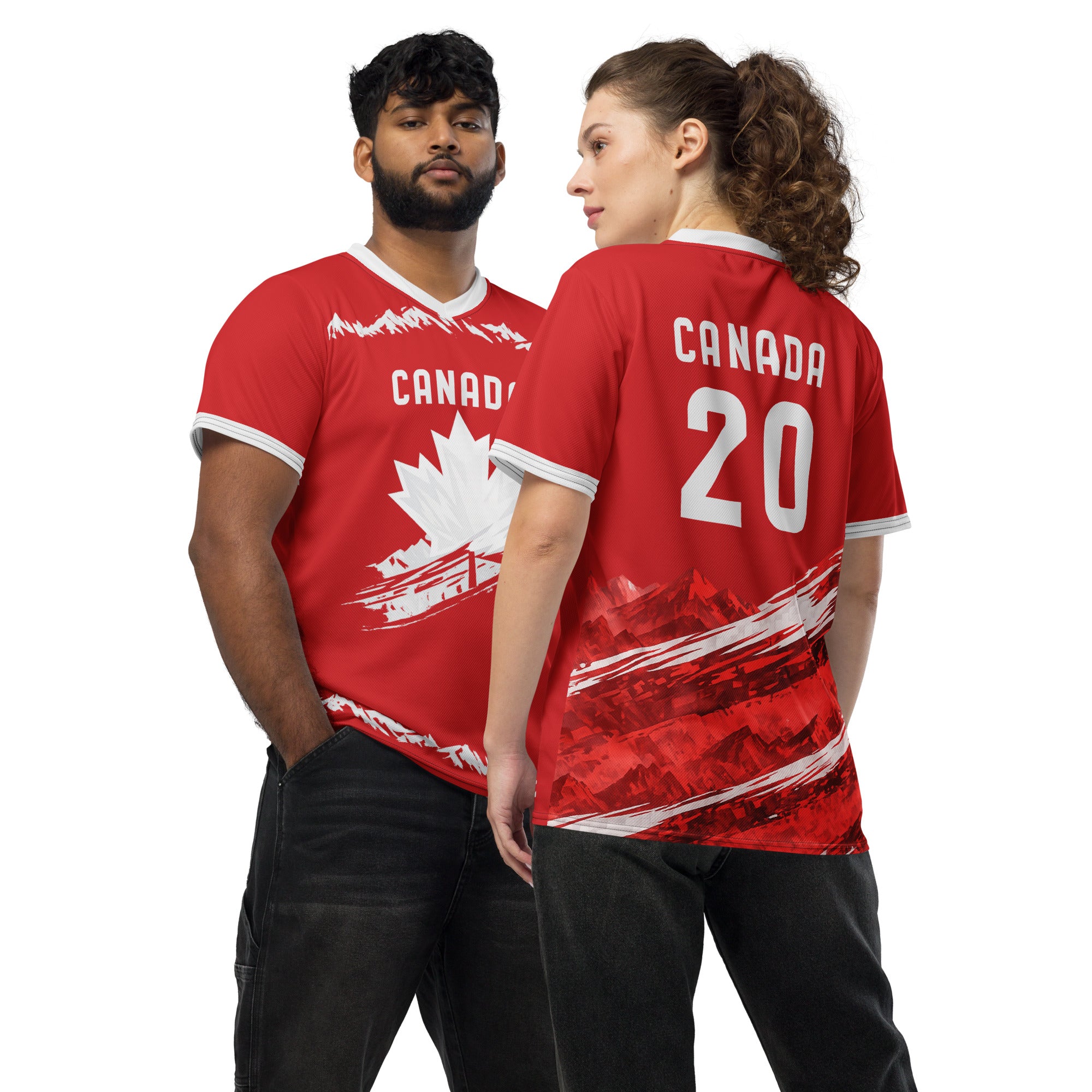 all-over-print-recycled-unisex-sports-jersey-#20-Canada-Northern-Pulse-edition-soccer-jersey-#-red-base-with- with-maple-leaf-and-mountain-graphics-premium-national-team-fanwear-front-and-back-view