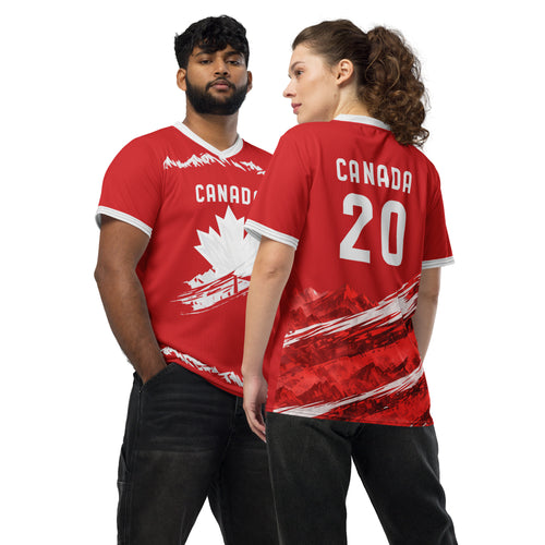 all-over-print-recycled-unisex-sports-jersey-#20-Canada-Northern-Pulse-edition-soccer-jersey-#-red-base-with- with-maple-leaf-and-mountain-graphics-premium-national-team-fanwear-front-and-back-view