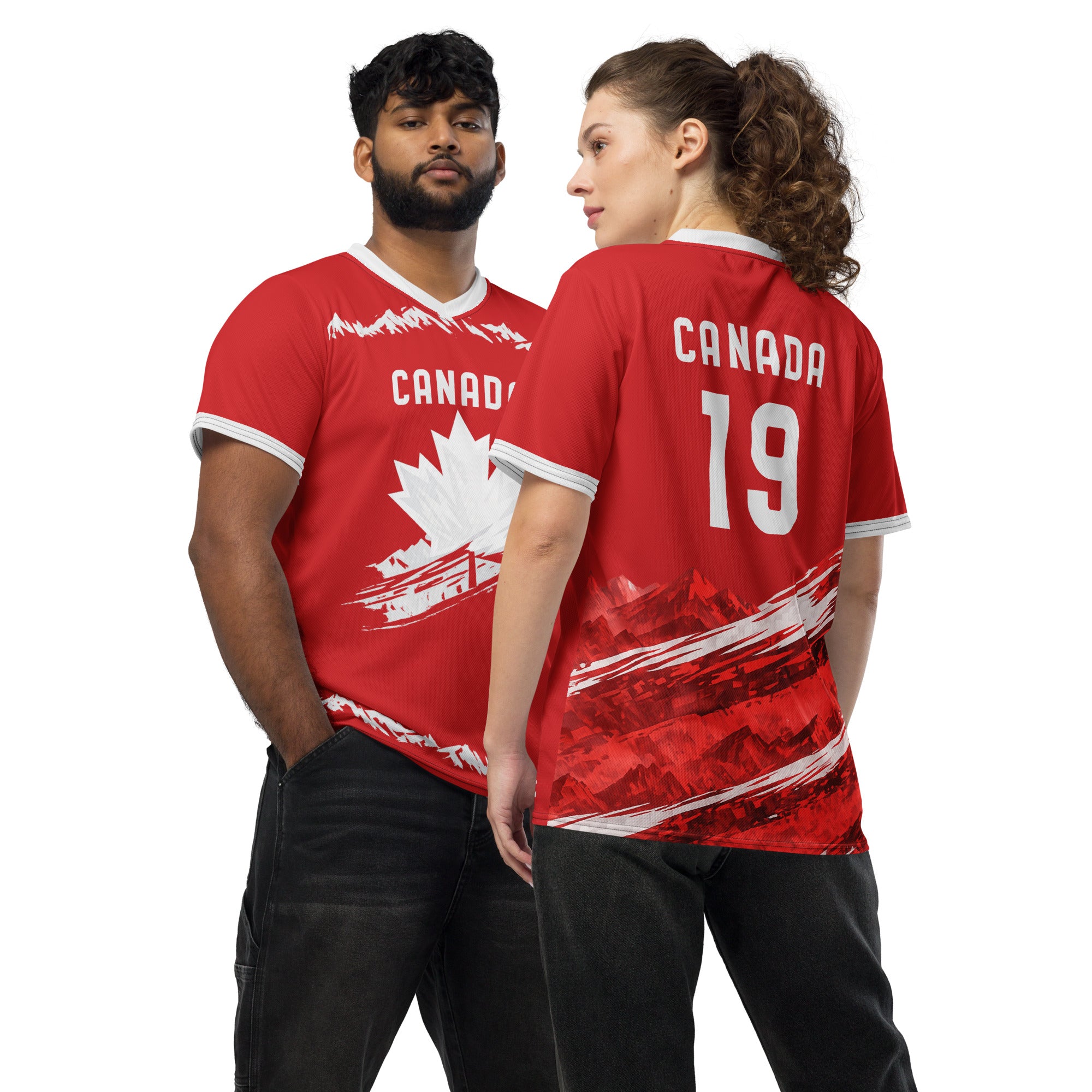 all-over-print-recycled-unisex-sports-jersey-#19-Canada-Northern-Pulse-edition-soccer-jersey-#-red-base-with- with-maple-leaf-and-mountain-graphics-premium-national-team-fanwear-front-and-back-view