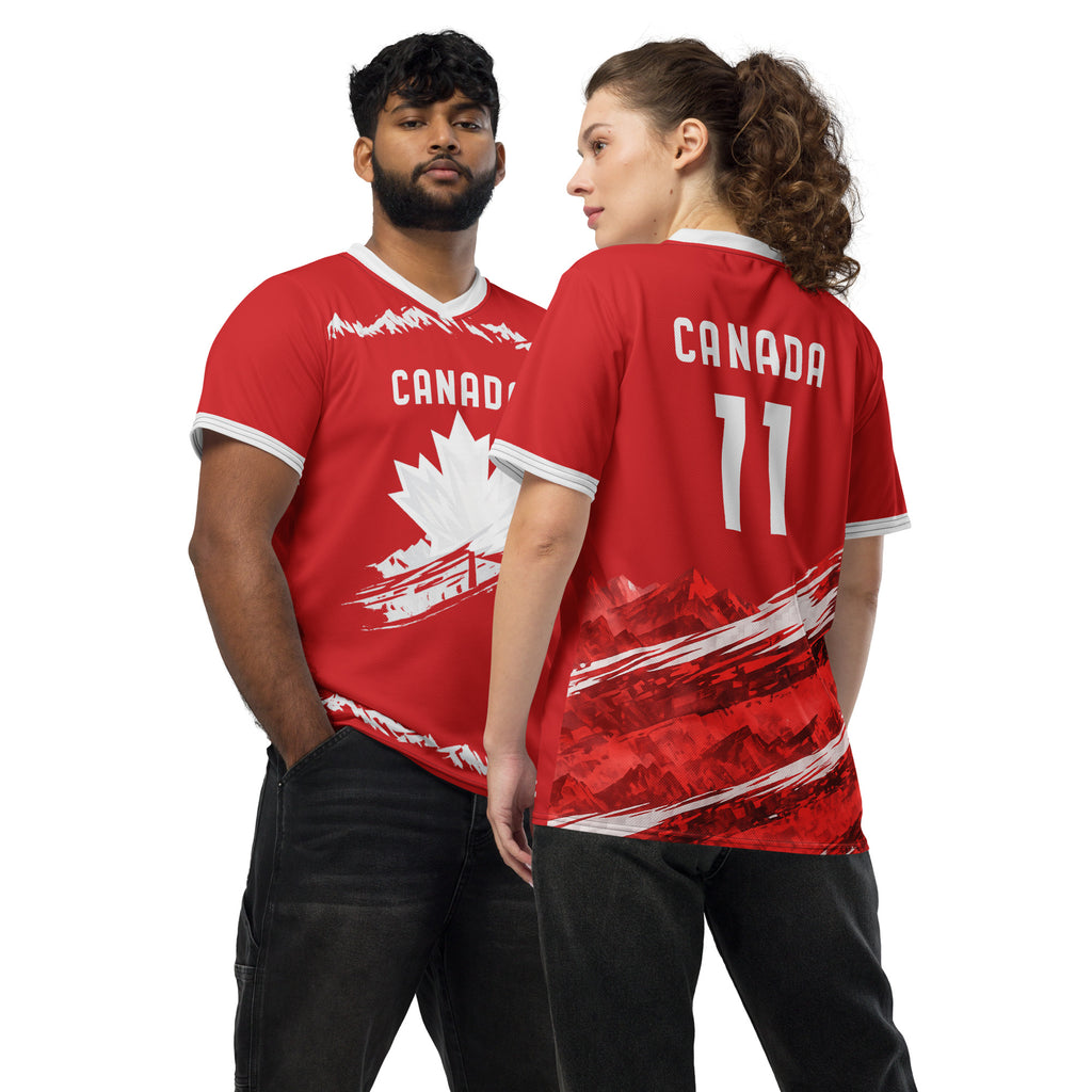 all-over-print-recycled-unisex-sports-jersey-#11-Canada-Northern-Pulse-edition-soccer-jersey-#-red-base-with- with-maple-leaf-and-mountain-graphics-premium-national-team-fanwear-front-and-back-view