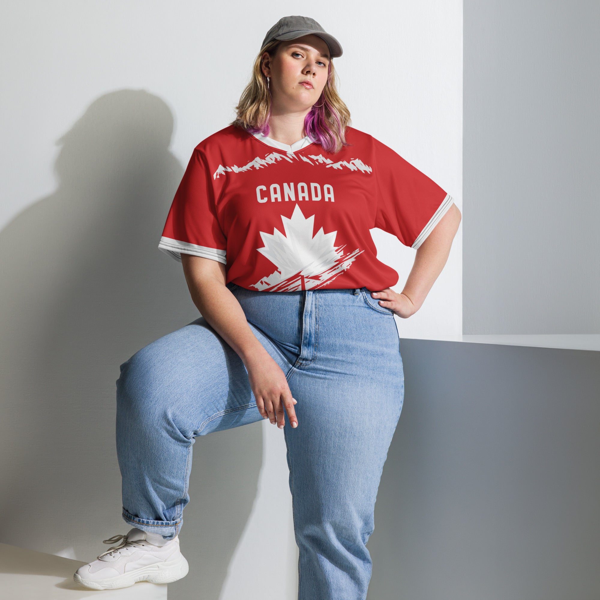 all-over-print-recycled-unisex-sports-jersey-#11-Canada-Northern-Pulse-edition-soccer-jersey-#-red-base-with- with-maple-leaf-and-mountain-graphics-premium-national-team-fanwear-model-front-view2-female