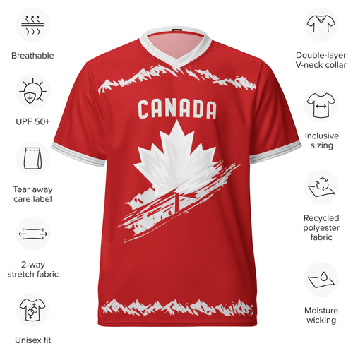 all-over-print-recycled-unisex-sports-jersey-#10-Canada-Northern-Pulse-edition-soccer-jersey-#-red-base-with- with-maple-leaf-and-mountain-graphics-premium-national-team-fanwear-front-view