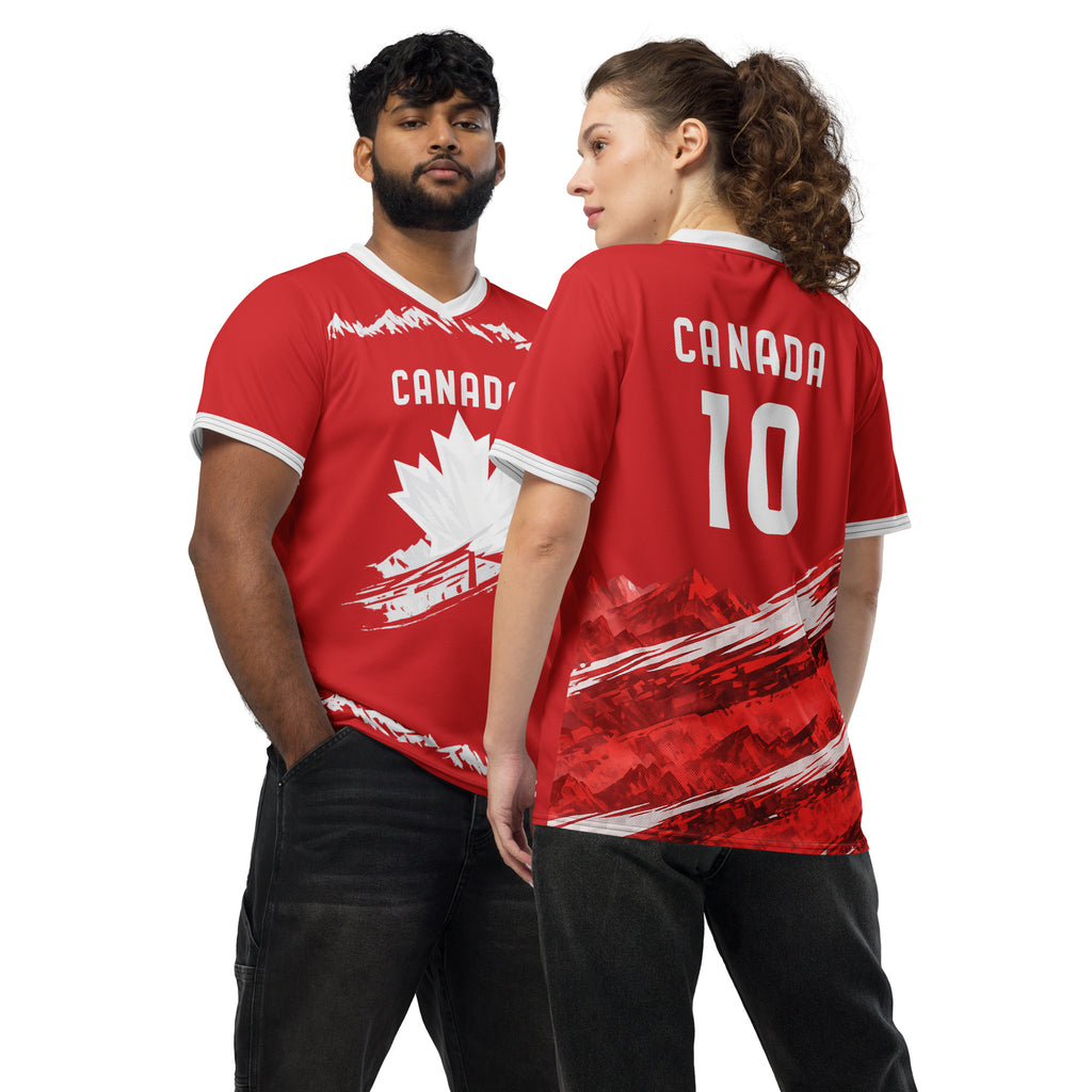 all-over-print-recycled-unisex-sports-jersey-#10-Canada-Northern-Pulse-edition-soccer-jersey-#-red-base-with- with-maple-leaf-and-mountain-graphics-premium-national-team-fanwear-front-and-back-view