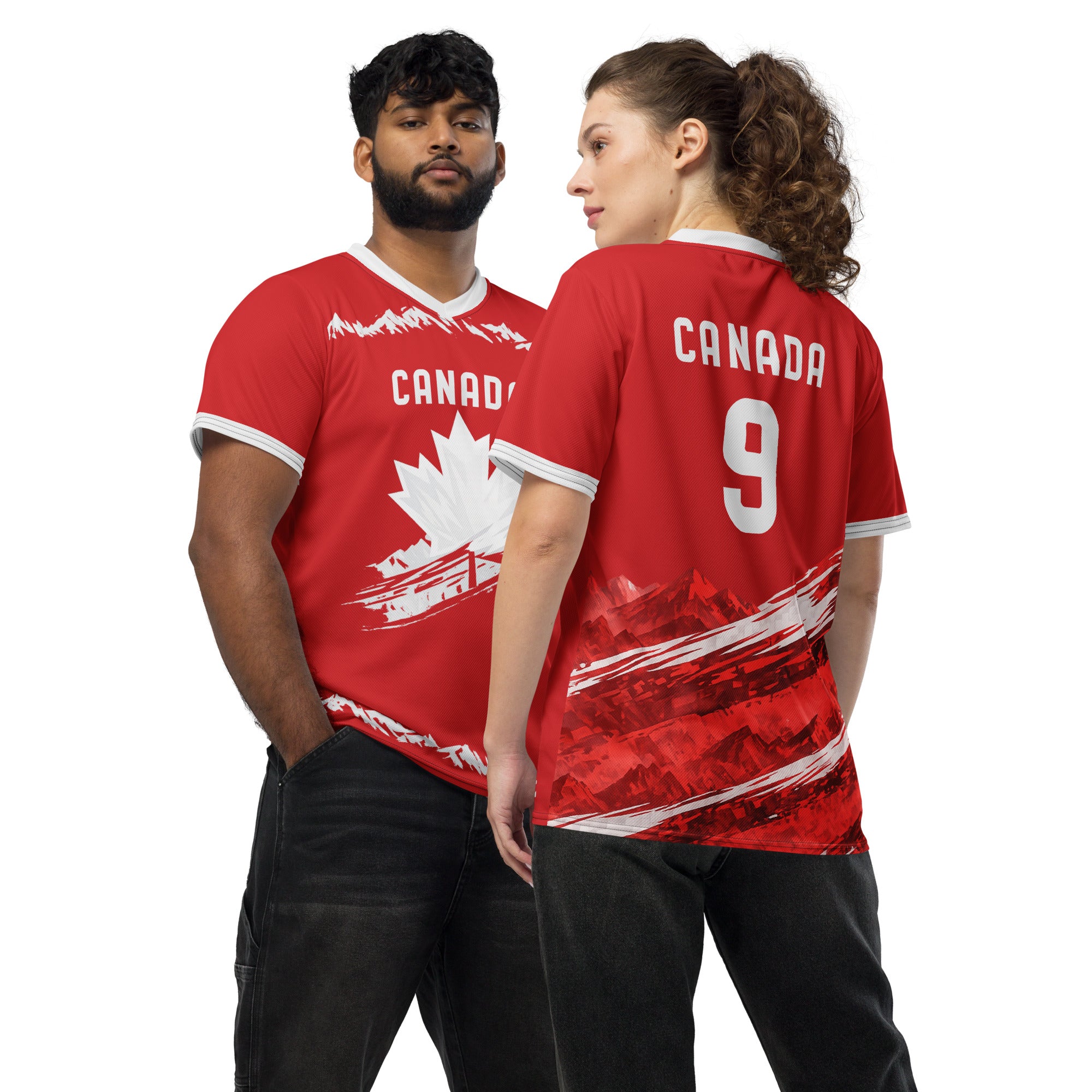 all-over-print-recycled-unisex-sports-jersey-#9-Canada-Northern-Pulse-edition-soccer-jersey-#-red-base-with- with-maple-leaf-and-mountain-graphics-premium-national-team-fanwear-front-and-back-view