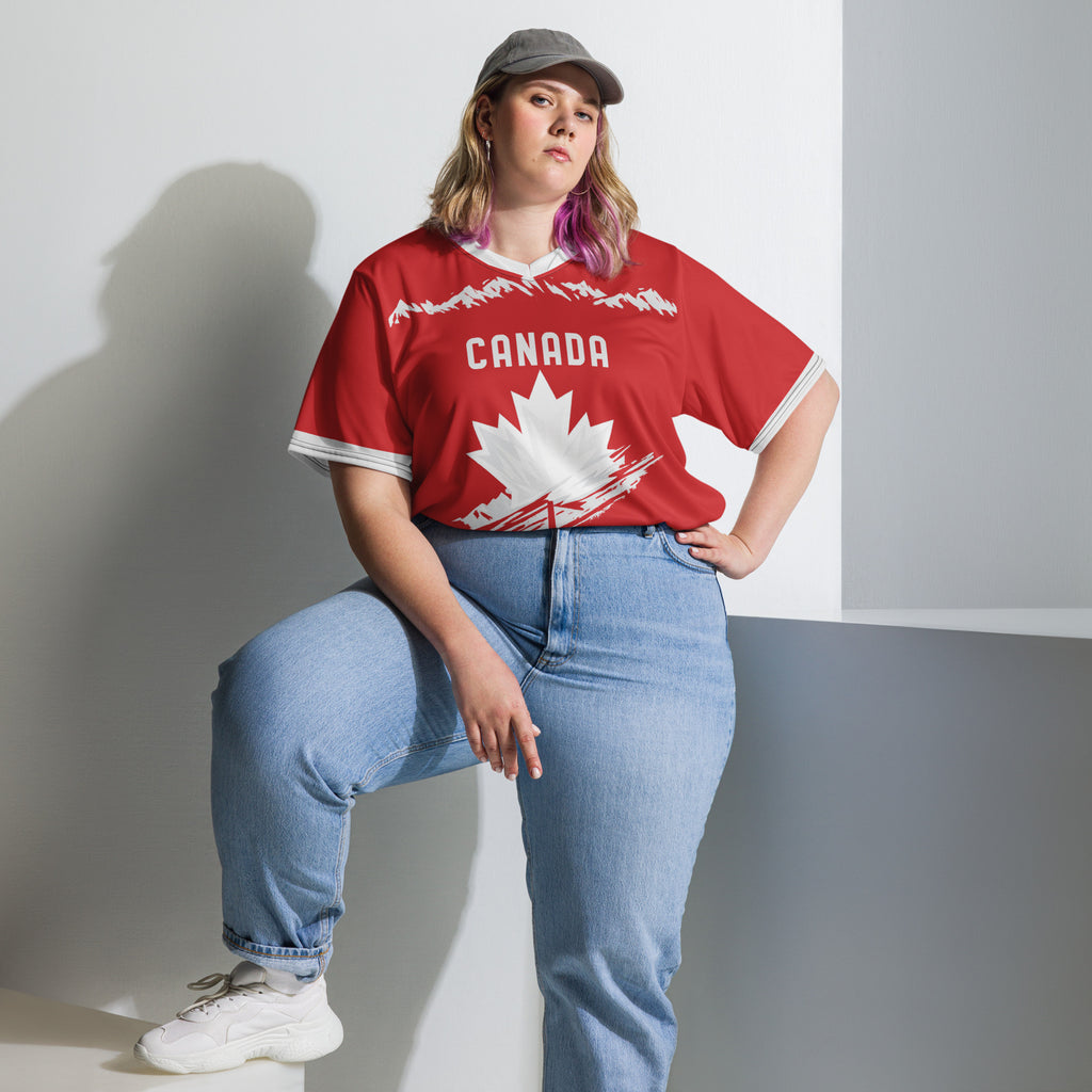 all-over-print-recycled-unisex-sports-jersey-#9-Canada-Northern-Pulse-edition-soccer-jersey-#-red-base-with- with-maple-leaf-and-mountain-graphics-premium-national-team-fanwear-model-front-view2-female