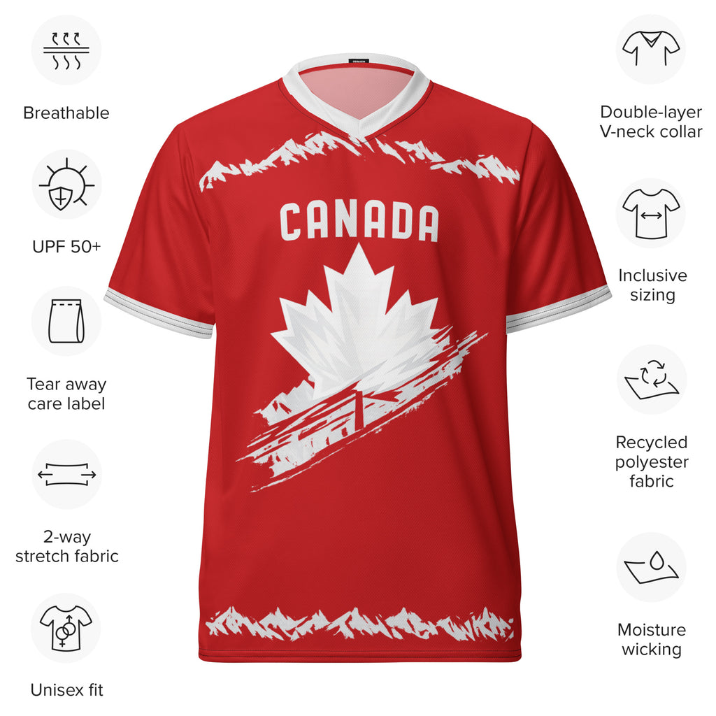 all-over-print-recycled-unisex-sports-jersey-#17-Canada-Northern-Pulse-edition-soccer-jersey-#-red-base-with- with-maple-leaf-and-mountain-graphics-premium-national-team-fanwear-front-view
