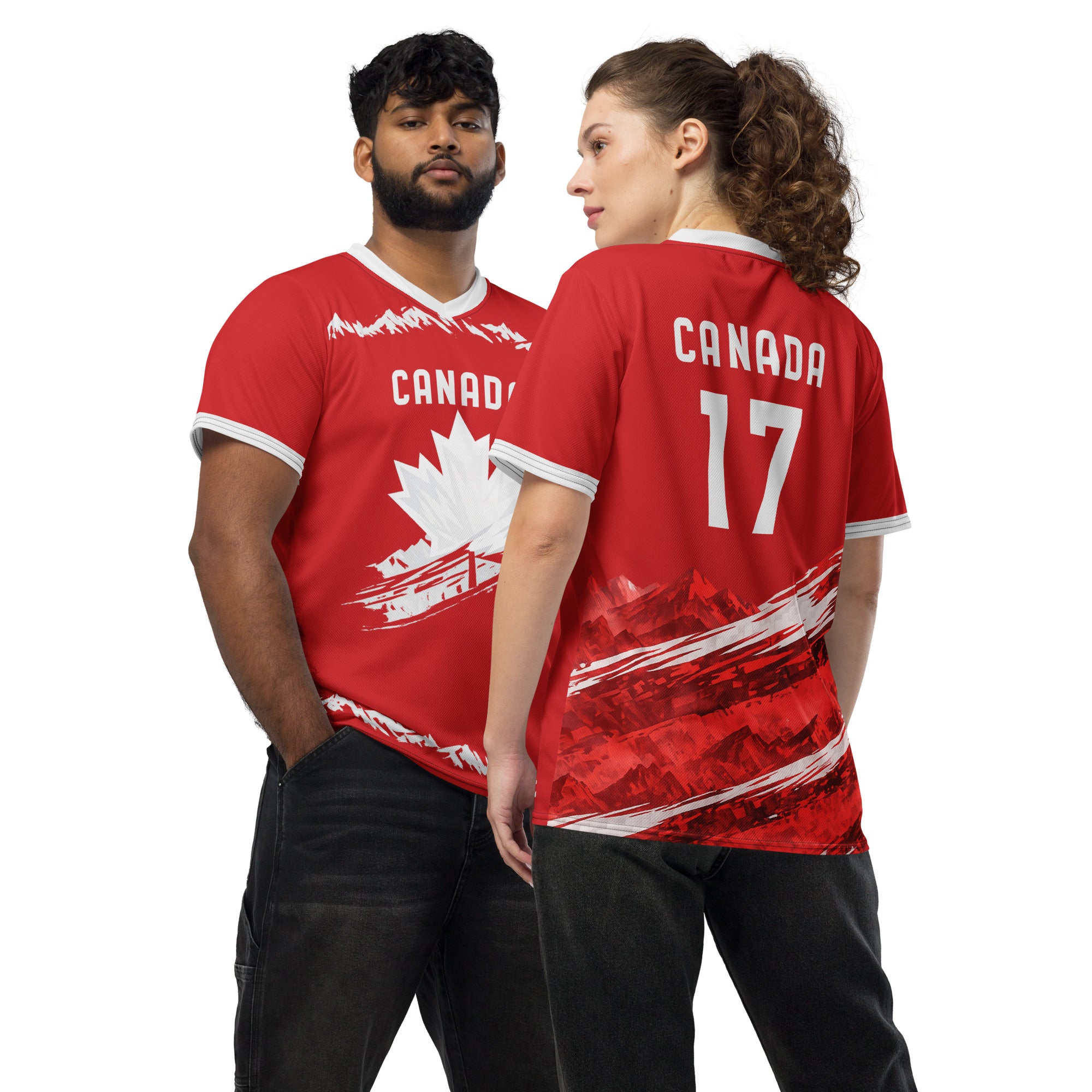 all-over-print-recycled-unisex-sports-jersey-#17-Canada-Northern-Pulse-edition-soccer-jersey-#-red-base-with- with-maple-leaf-and-mountain-graphics-premium-national-team-fanwear-front-and-back-view