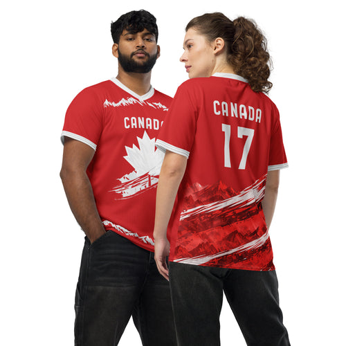 all-over-print-recycled-unisex-sports-jersey-#17-Canada-Northern-Pulse-edition-soccer-jersey-#-red-base-with- with-maple-leaf-and-mountain-graphics-premium-national-team-fanwear-front-and-back-view