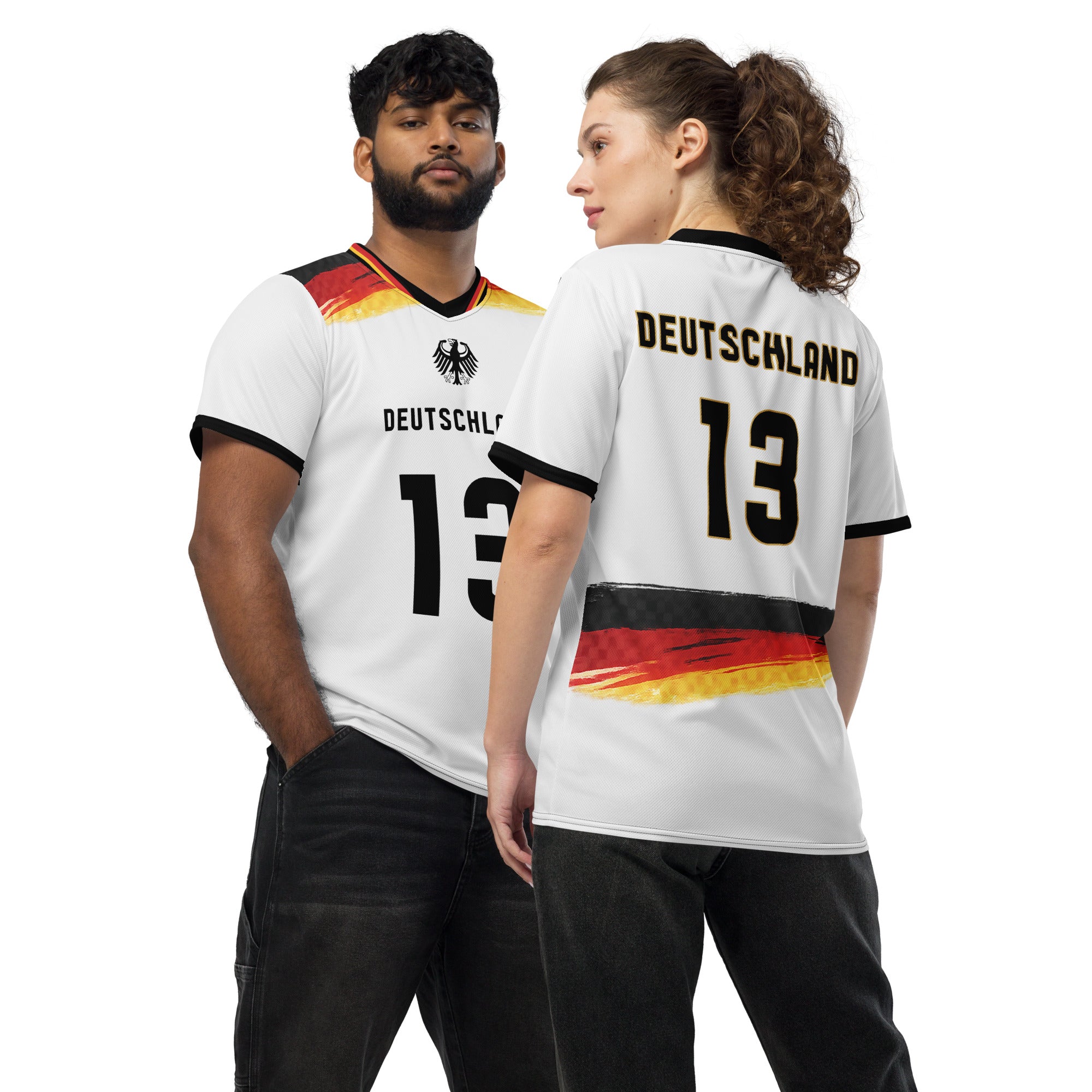 all-over-print-recycled-unisex-sports-jersey-Germany Horizon-edition-soccer-jersey-black-sleeves-with-tricolor-brushstroke-band-and-gold red black-trim-pattern-premium-national-team-fanwear-front-and-back-view