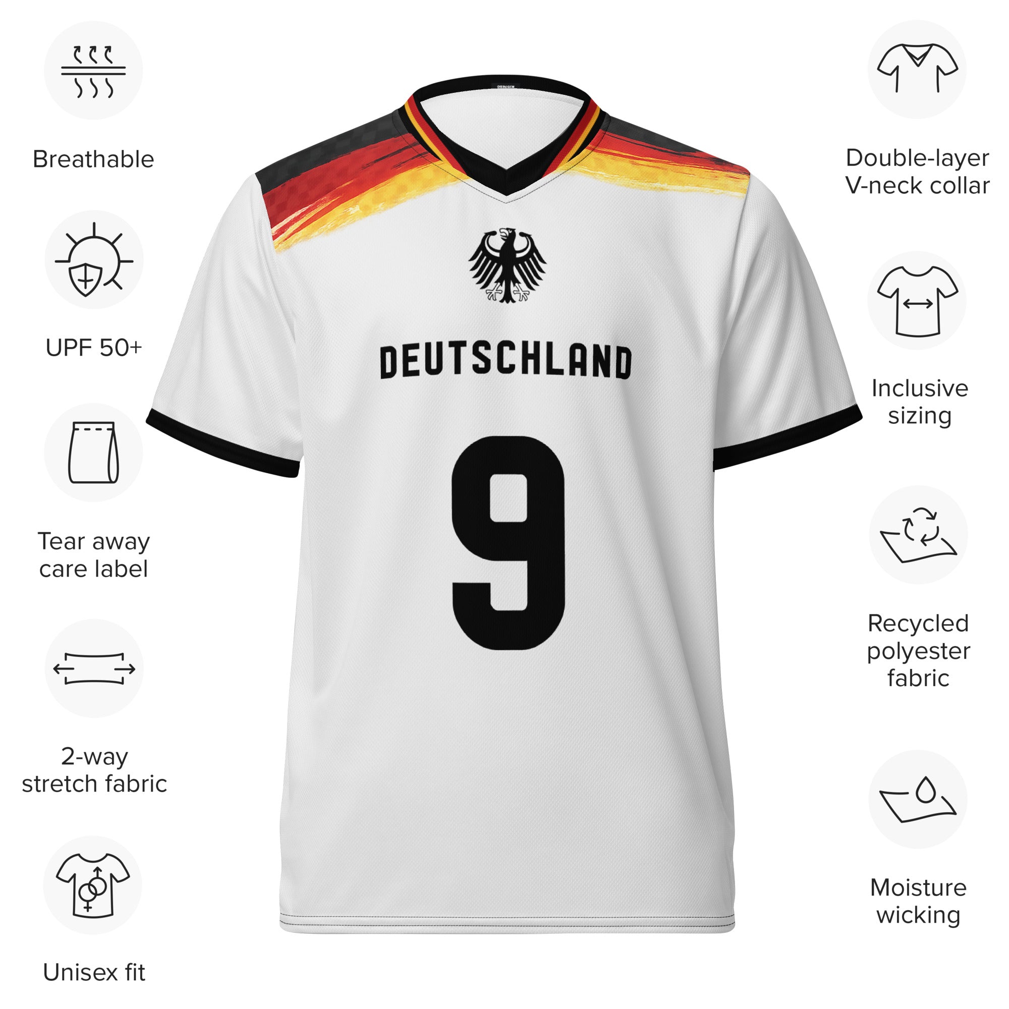 all-over-print-recycled-unisex-sports-jersey-Germany Horizon-edition-soccer-jersey-black-sleeves-with-tricolor-brushstroke-band-and-gold red black-trim-pattern-premium-national-team-fanwear-front-view