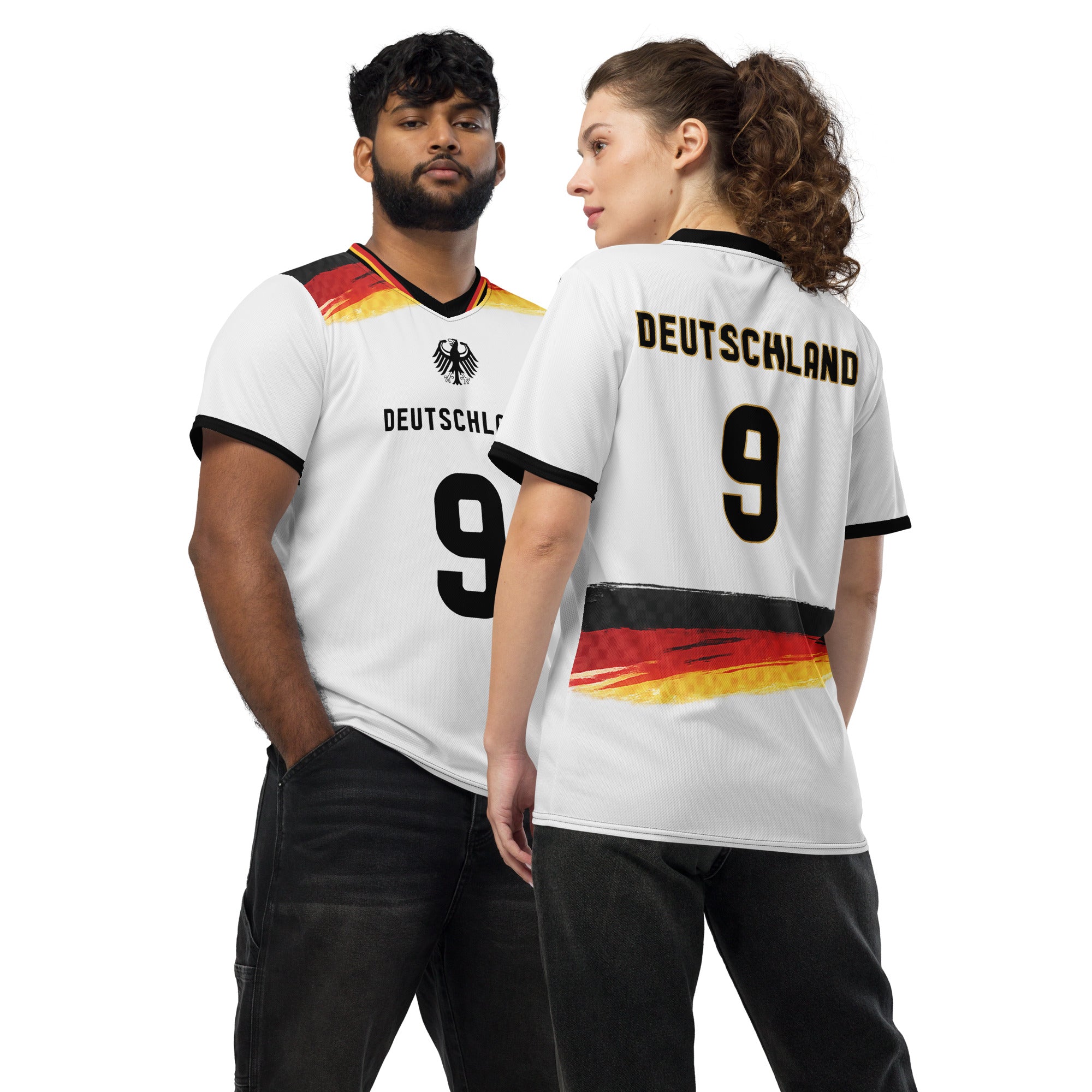 all-over-print-recycled-unisex-sports-jersey-Germany Horizon-edition-soccer-jersey-black-sleeves-with-tricolor-brushstroke-band-and-gold red black-trim-pattern-premium-national-team-fanwear-front-and-back-view