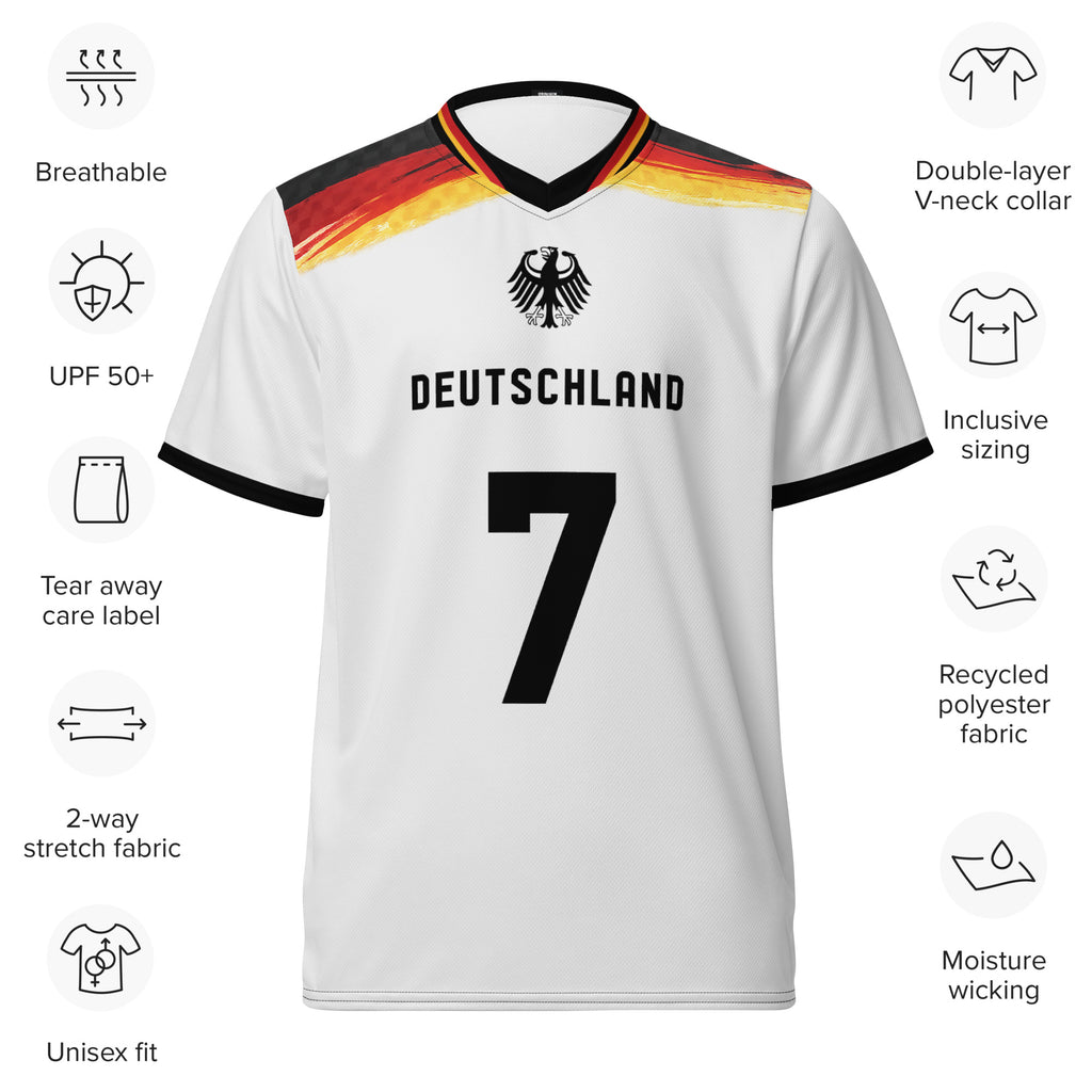 all-over-print-recycled-unisex-sports-jersey-Germany Horizon-edition-soccer-jersey-black-sleeves-with-tricolor-brushstroke-band-and-gold red black-trim-pattern-premium-national-team-fanwear-front-view