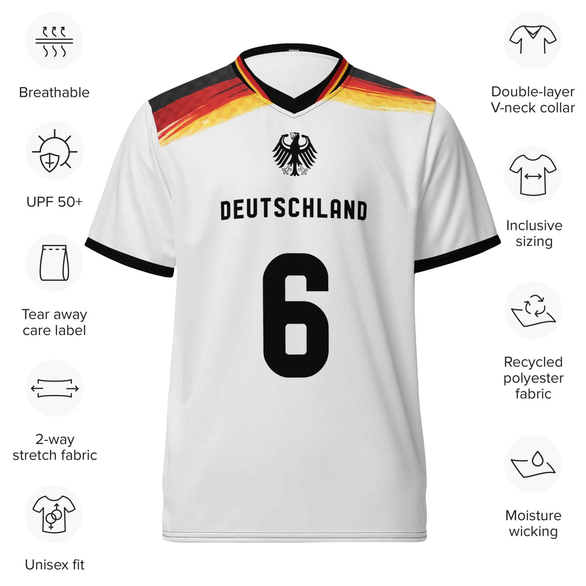 all-over-print-recycled-unisex-sports-jersey-Germany Horizon-edition-soccer-jersey-black-sleeves-with-tricolor-brushstroke-band-and-gold red black-trim-pattern-premium-national-team-fanwear-front-view