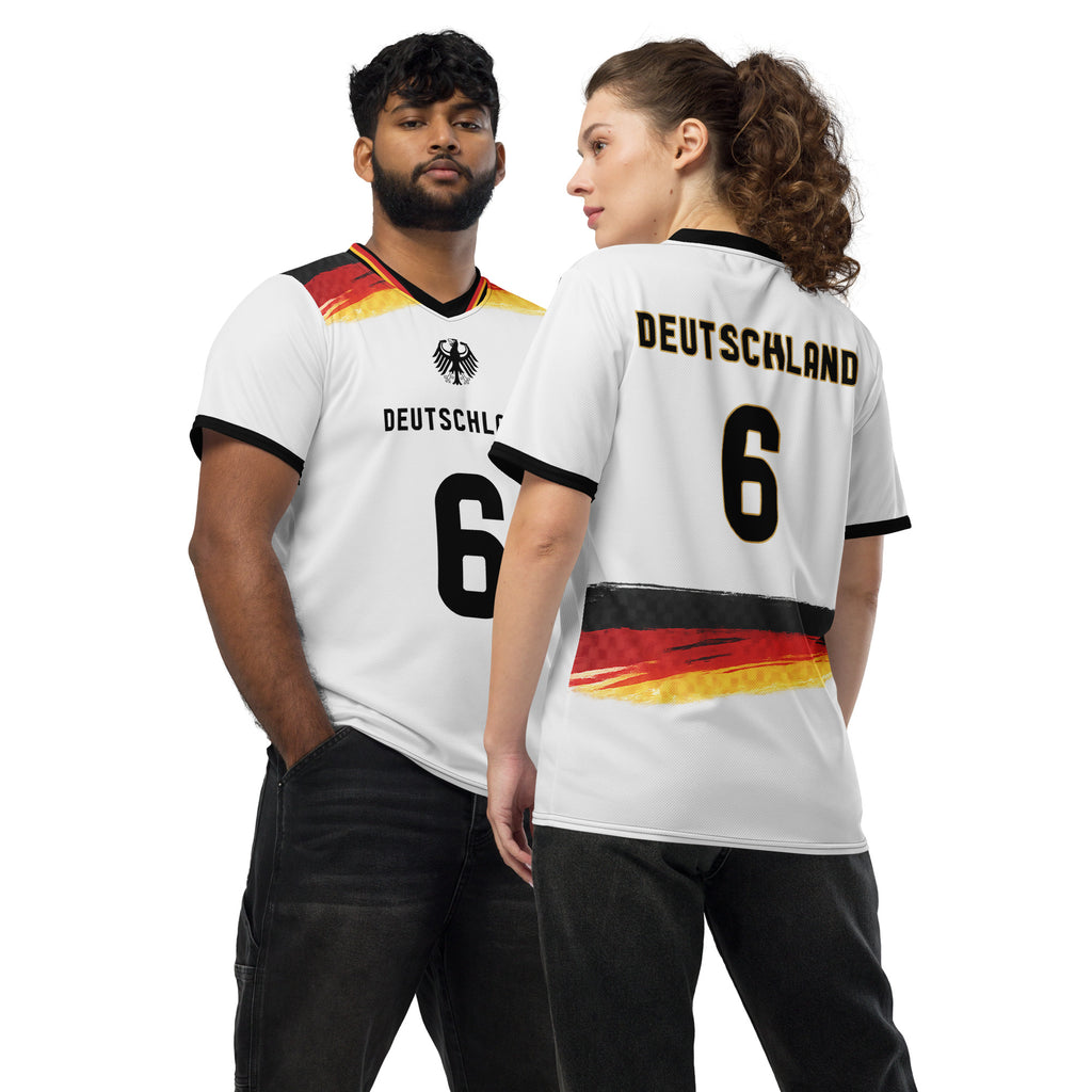 all-over-print-recycled-unisex-sports-jersey-Germany Horizon-edition-soccer-jersey-black-sleeves-with-tricolor-brushstroke-band-and-gold red black-trim-pattern-premium-national-team-fanwear-front-and-back-view
