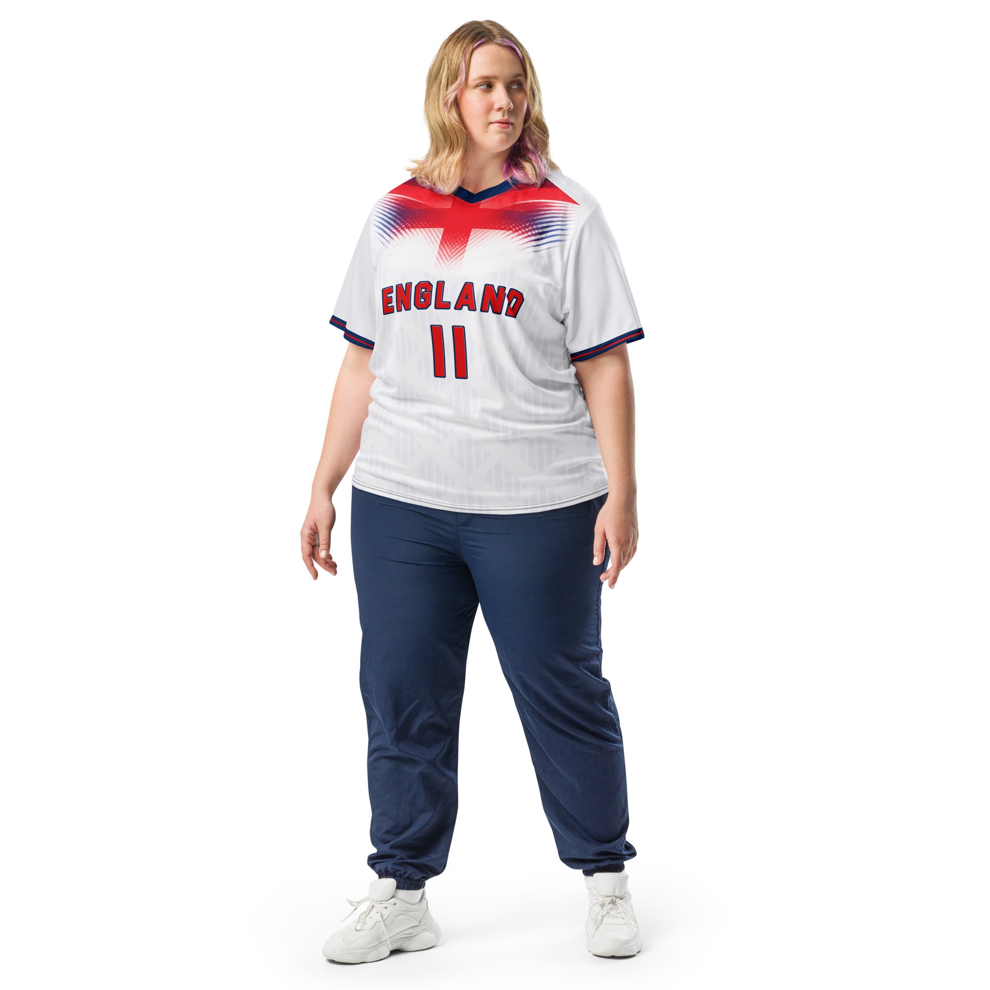 all-over-print-recycled-unisex-sports-jersey-#11-England-Lionheart-edition-soccer-jersey-vibrant-yellow-with-blue-diagonal-strike-and-geometric-pattern-premium-national-team-fanwear-model-front-view2-female-model