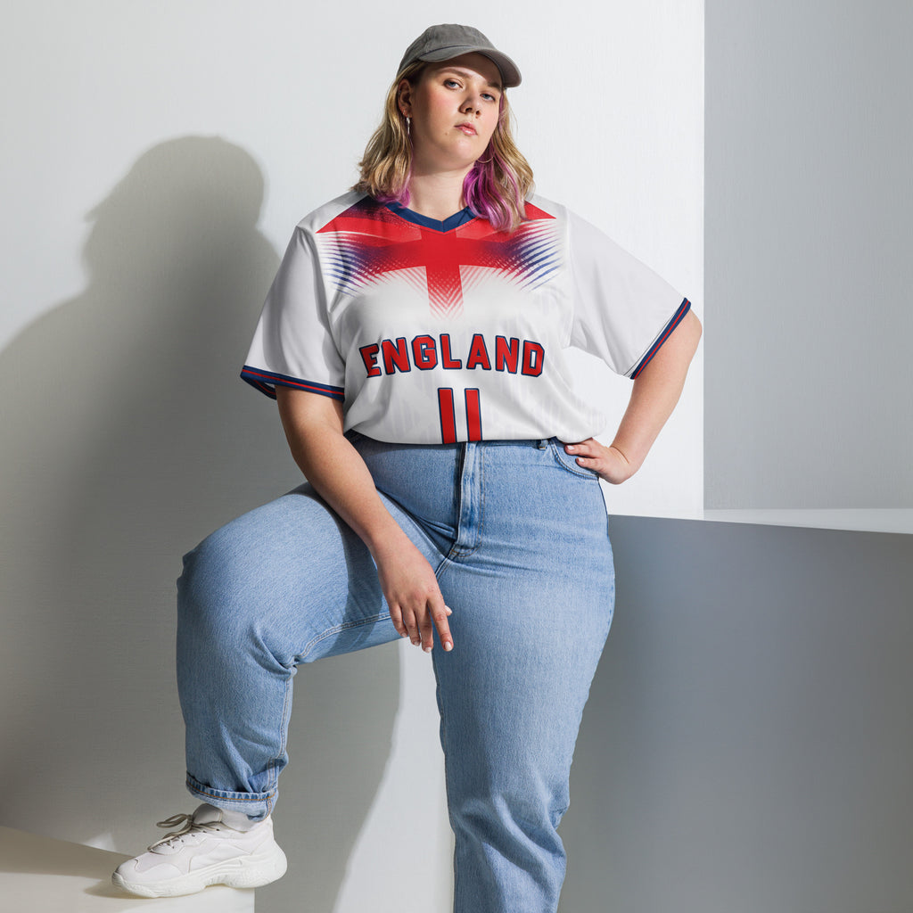 all-over-print-recycled-unisex-sports-jersey-#11-England-Lionheart-edition-soccer-jersey-vibrant-yellow-with-blue-diagonal-strike-and-geometric-pattern-premium-national-team-fanwear-model-front-view2-female