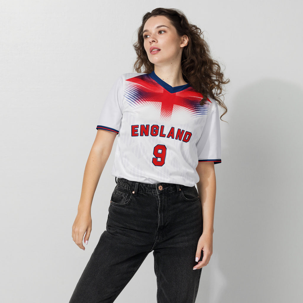 all-over-print-recycled-unisex-sports-jersey-#9-England-Lionheart-edition-soccer-jersey-vibrant-yellow-with-blue-diagonal-strike-and-geometric-pattern -premium-national-team-fanwear-female-model-front-view