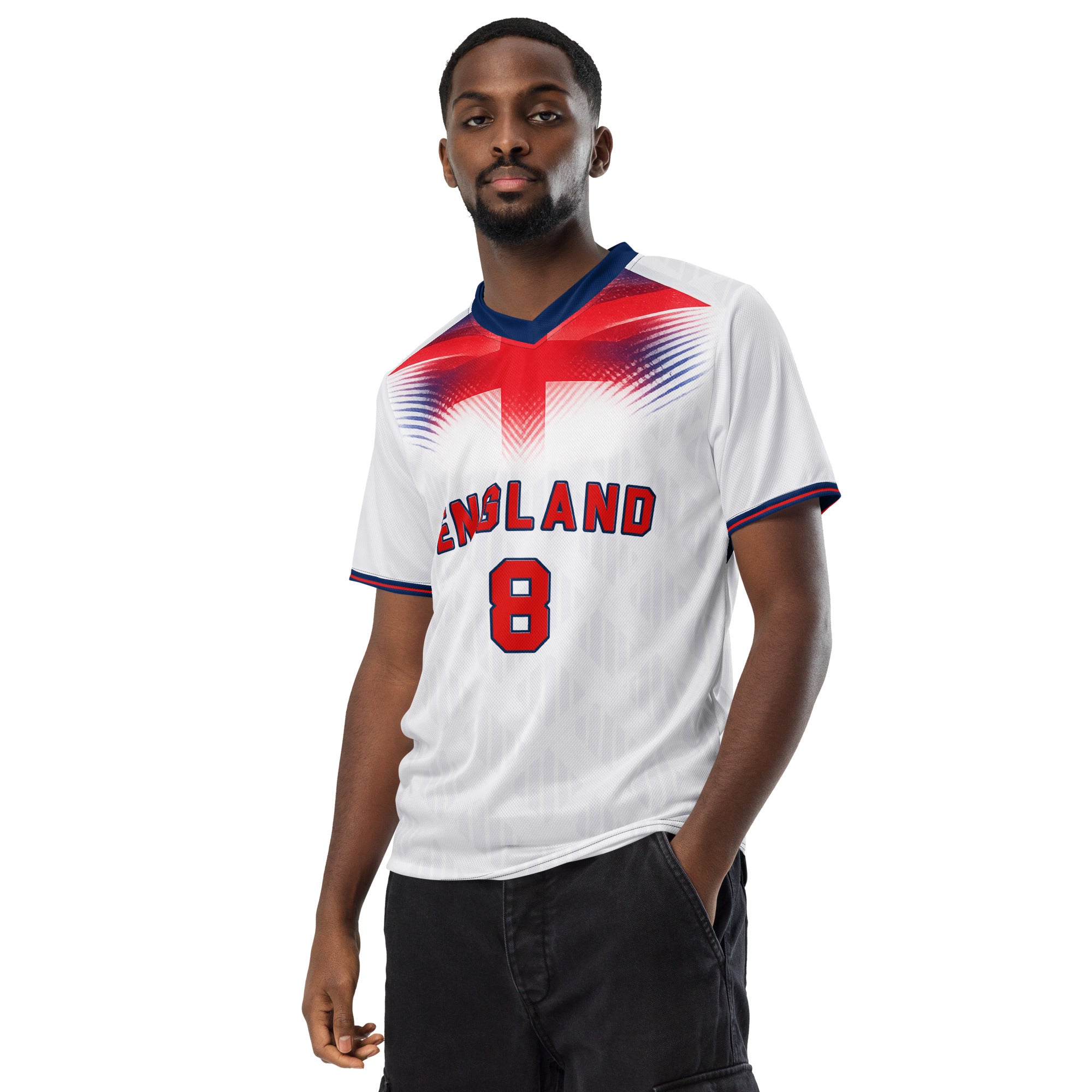 all-over-print-recycled-unisex-sports-jersey-#8-England-Lionheart-edition-soccer-jersey-vibrant-yellow-with-blue-diagonal-strike-and-geometric-pattern-premium-national-team-fanwear-model-front-view-male-model