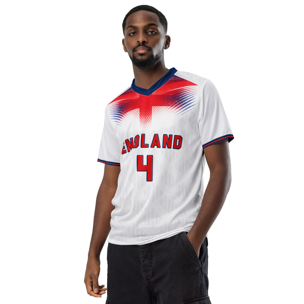 all-over-print-recycled-unisex-sports-jersey-#4-England-Lionheart-edition-soccer-jersey-vibrant-yellow-with-blue-diagonal-strike-and-geometric-pattern-premium-national-team-fanwear-model-front-view-male-model