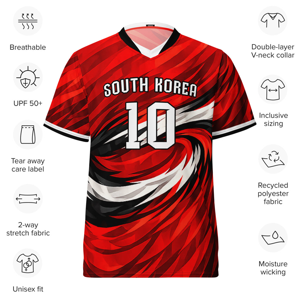 all-over-print-recycled-unisex-sports-jersey-South-Korea-Taegeuk-soccer-jersey- crimson-base-with-sweeping-red black white-wave-design-premium-national-team-fanwear-front-view