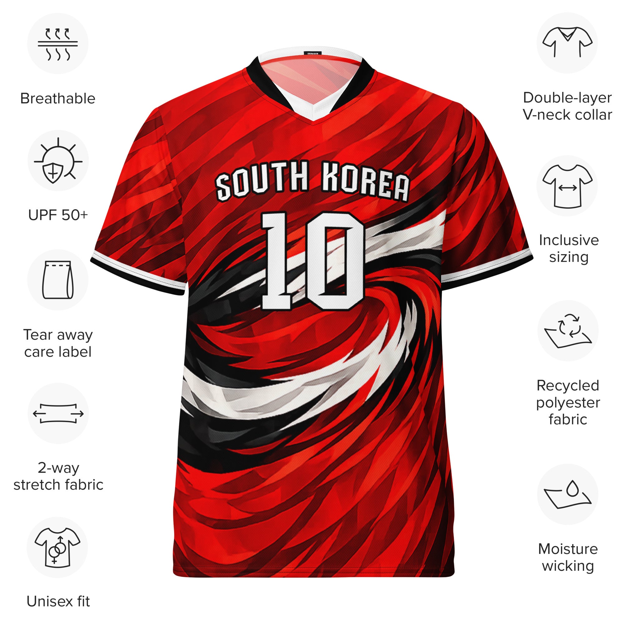 all-over-print-recycled-unisex-sports-jersey-South-Korea-Taegeuk-soccer-jersey- crimson-base-with-sweeping-red black white-wave-design-premium-national-team-fanwear-front-view