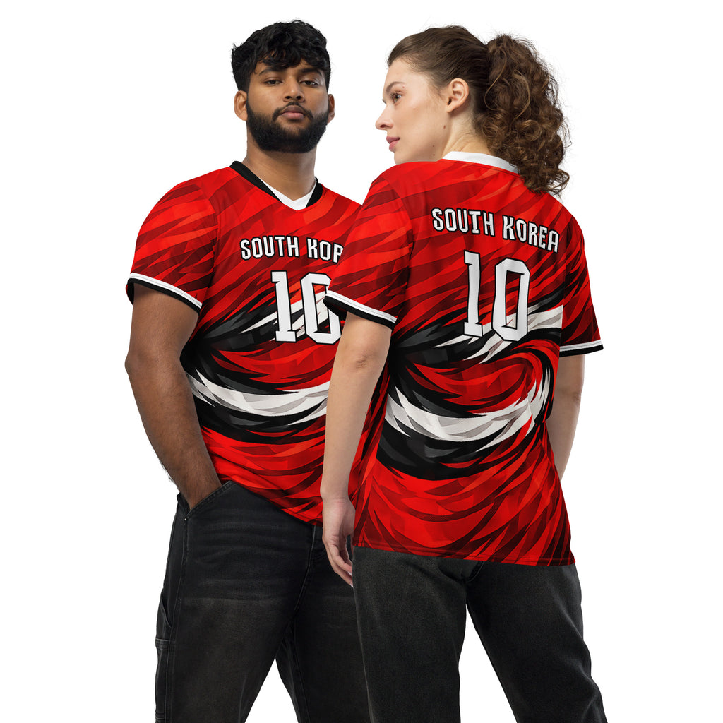 all-over-print-recycled-unisex-sports-jersey-South-Korea-Taegeuk-soccer-jersey- crimson-base-with-sweeping-red black white-wave-design-premium-national-team-fanwear-front-and-back-view