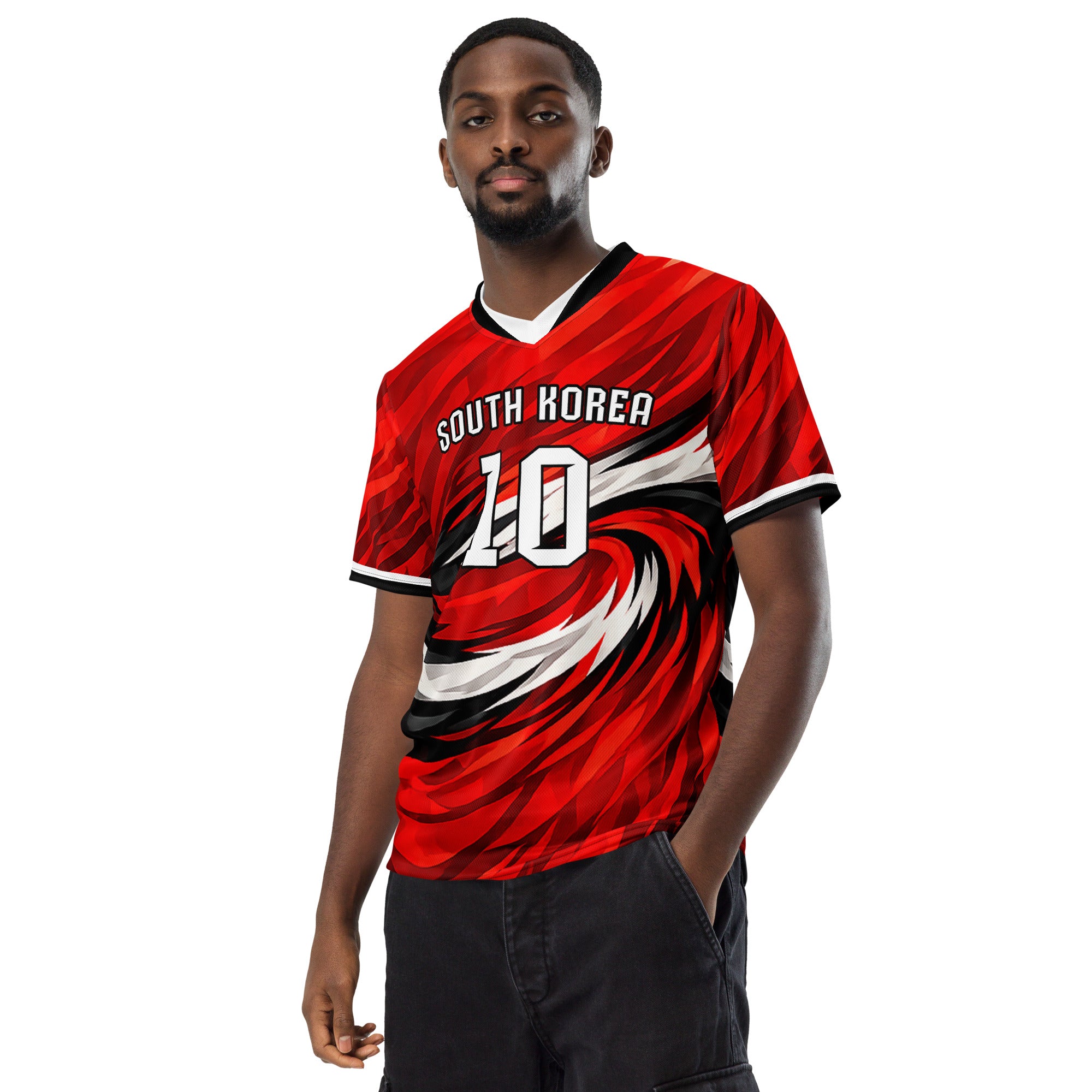 all-over-print-recycled-unisex-sports-jersey-South-Korea-Taegeuk-soccer-jersey- crimson-base-with-sweeping-red black white-wave-design-premium-national-team-fanwear-model-front-view-male-model