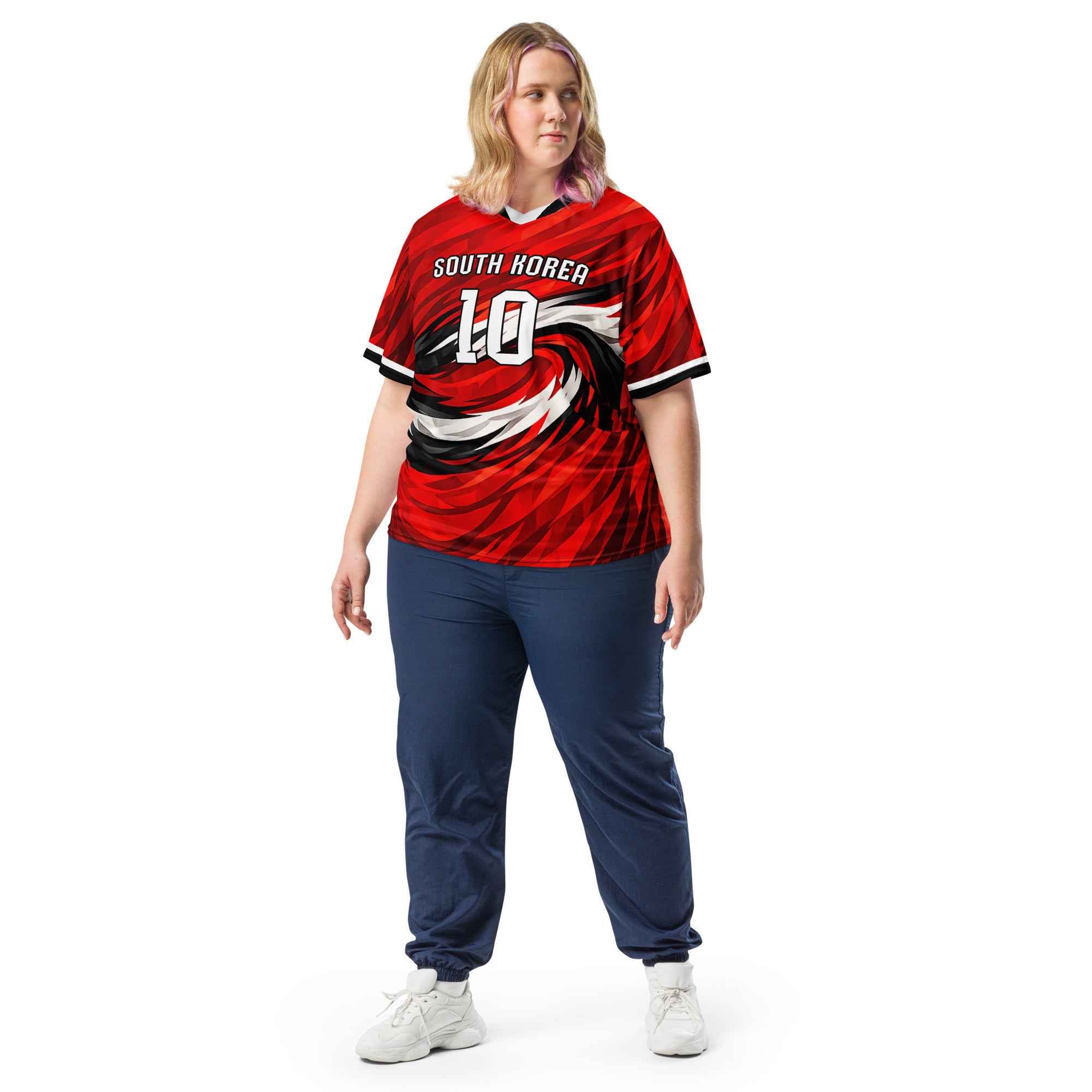 all-over-print-recycled-unisex-sports-jersey-South-Korea-Taegeuk-soccer-jersey- crimson-base-with-sweeping-red black white-wave-design-premium-national-team-fanwear-model-front-view2-female-model