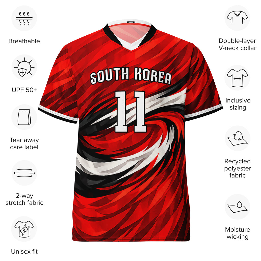 all-over-print-recycled-unisex-sports-jersey-South-Korea-Taegeuk-soccer-jersey- crimson-base-with-sweeping-red black white-wave-design-premium-national-team-fanwear-front-view