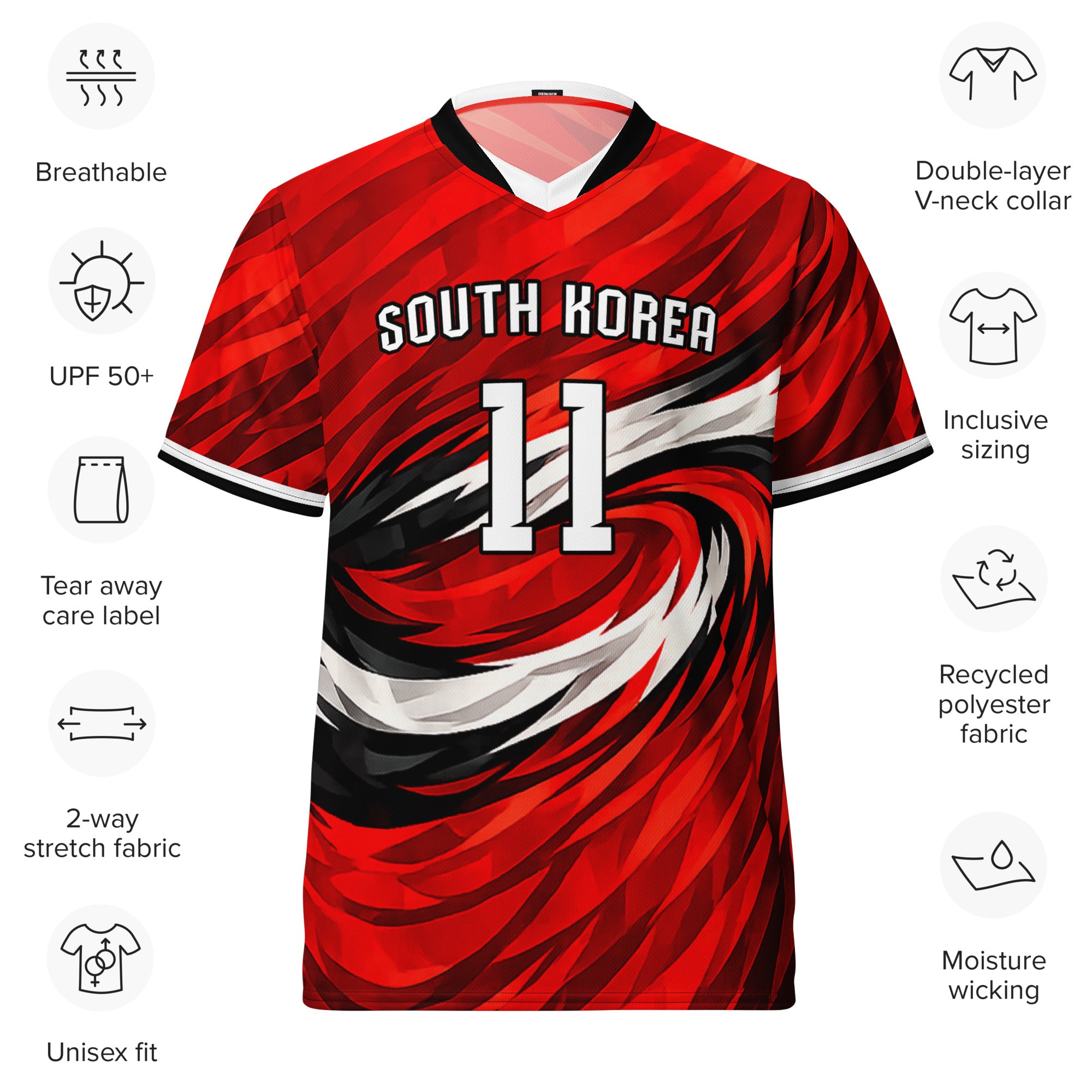 all-over-print-recycled-unisex-sports-jersey-South-Korea-Taegeuk-soccer-jersey- crimson-base-with-sweeping-red black white-wave-design-premium-national-team-fanwear-front-view