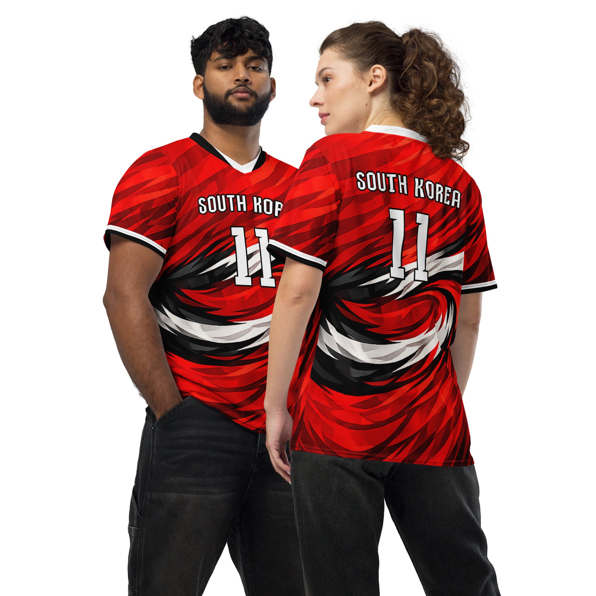 all-over-print-recycled-unisex-sports-jersey-South-Korea-Taegeuk-soccer-jersey- crimson-base-with-sweeping-red black white-wave-design-premium-national-team-fanwear-front-and-back-view