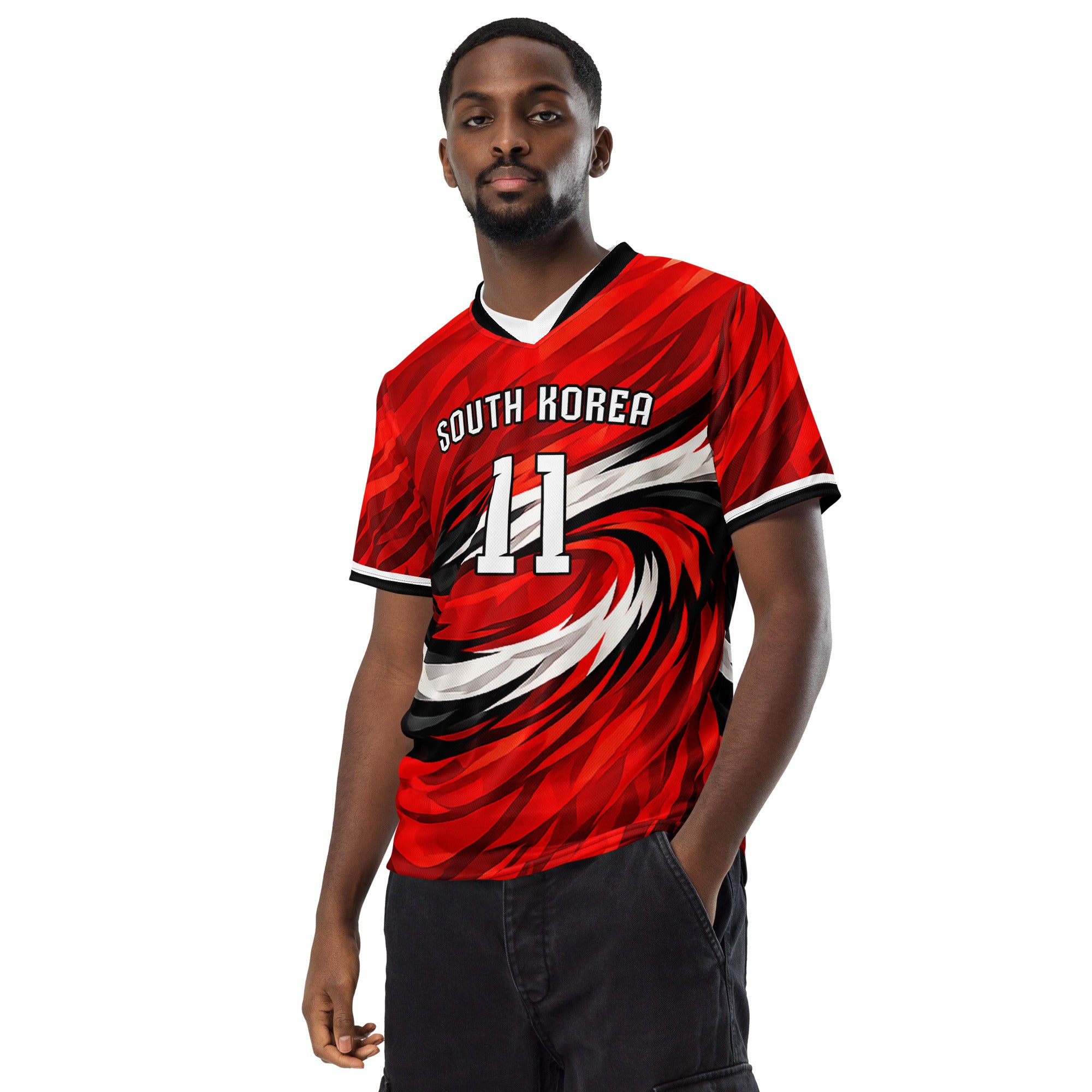 all-over-print-recycled-unisex-sports-jersey-South-Korea-Taegeuk-soccer-jersey- crimson-base-with-sweeping-red black white-wave-design-premium-national-team-fanwear-model-front-view-male-model