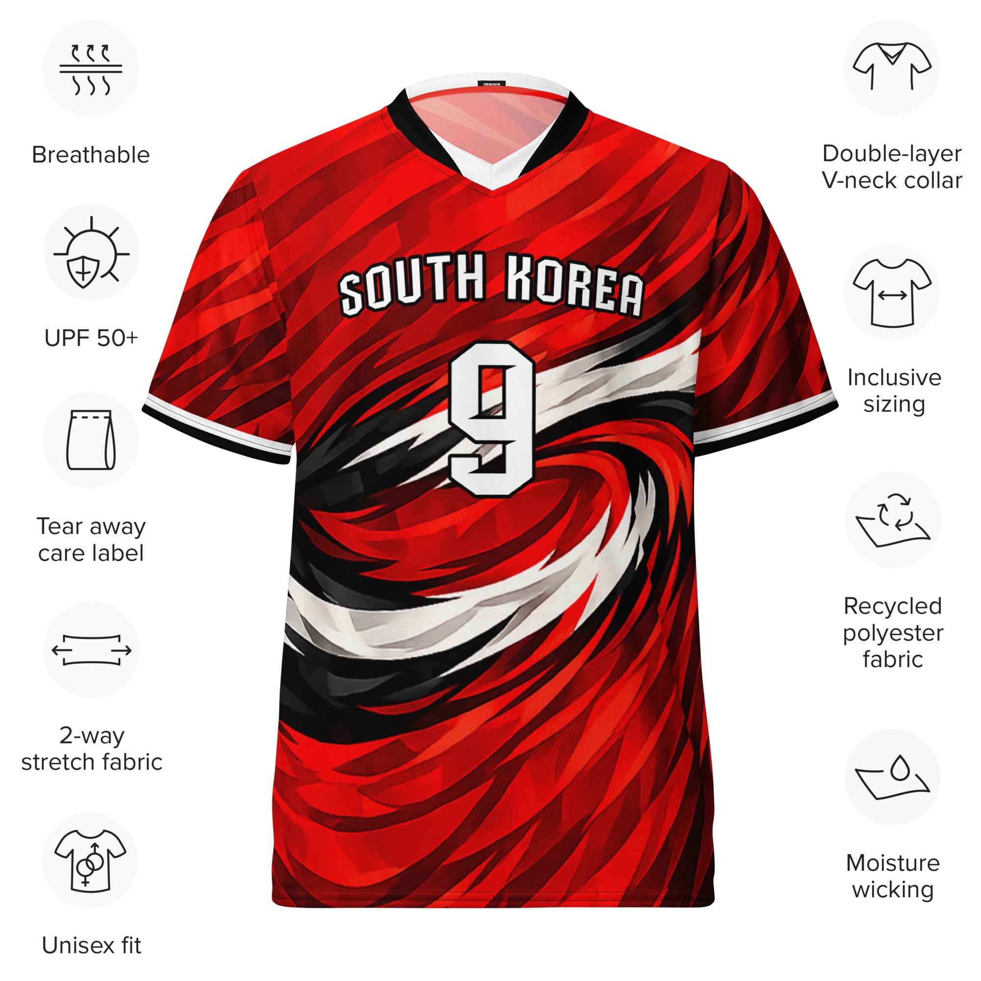 all-over-print-recycled-unisex-sports-jersey-South-Korea-Taegeuk-soccer-jersey- crimson-base-with-sweeping-red black white-wave-design-premium-national-team-fanwear-front-view