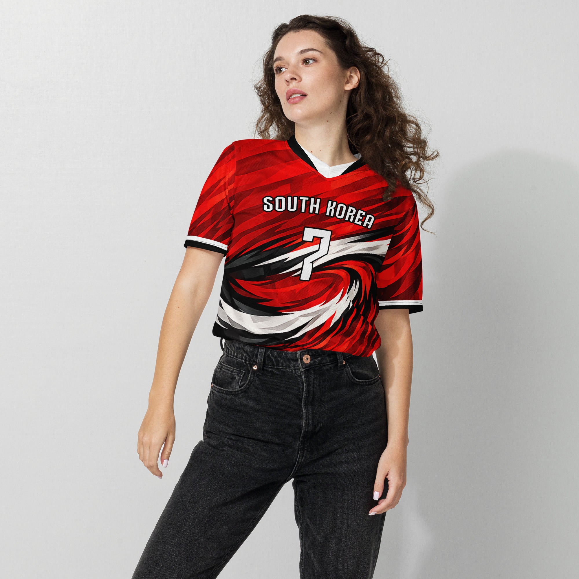 all-over-print-recycled-unisex-sports-jersey-South-Korea-Taegeuk-soccer-jersey- crimson-base-with-sweeping-red black white-wave-design-premium-national-team-fanwear-female-model-front-view