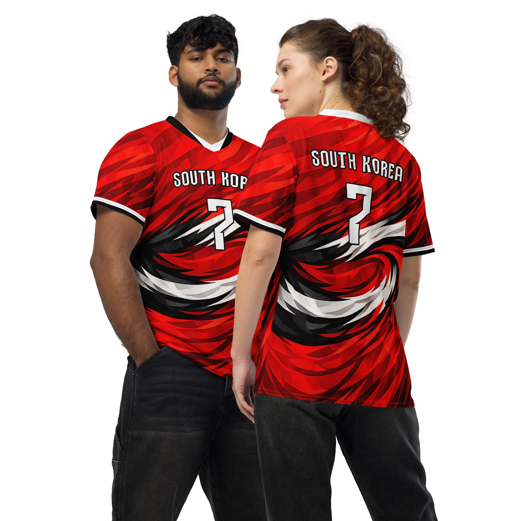all-over-print-recycled-unisex-sports-jersey-South-Korea-Taegeuk-soccer-jersey- crimson-base-with-sweeping-red black white-wave-design-premium-national-team-fanwear-front-and-back-view