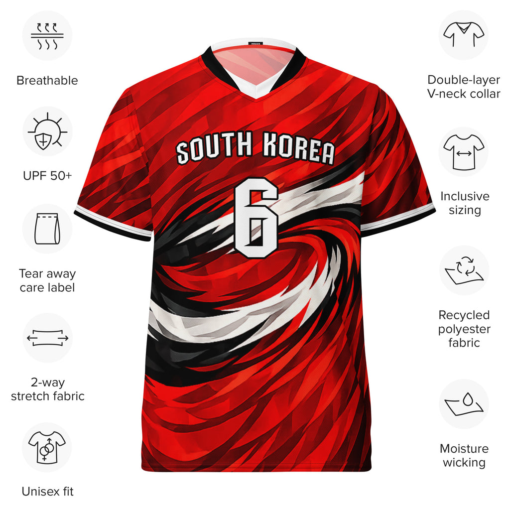 all-over-print-recycled-unisex-sports-jersey-South-Korea-Taegeuk-soccer-jersey- crimson-base-with-sweeping-red black white-wave-design-premium-national-team-fanwear-front-view
