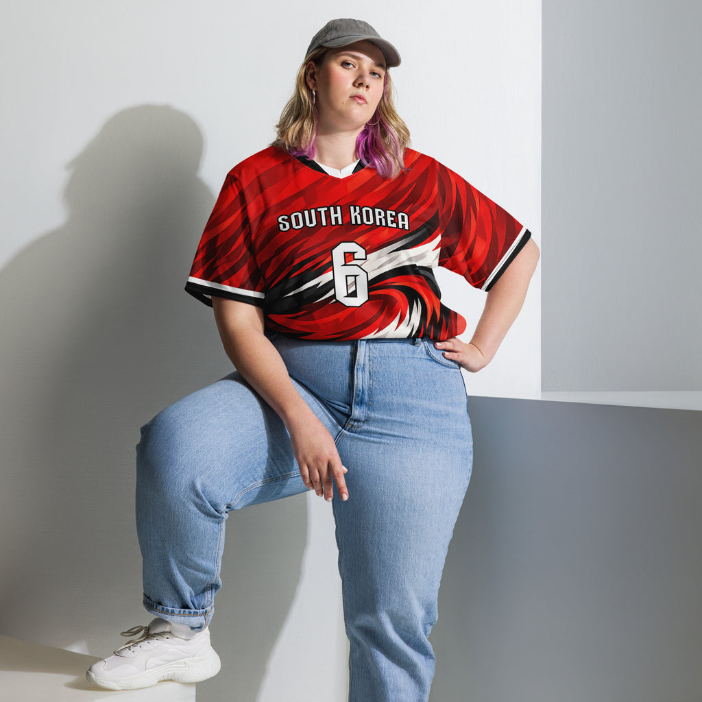 all-over-print-recycled-unisex-sports-jersey-South-Korea-Taegeuk-soccer-jersey- crimson-base-with-sweeping-red black white-wave-design-premium-national-team-fanwear-model-front-view2-female