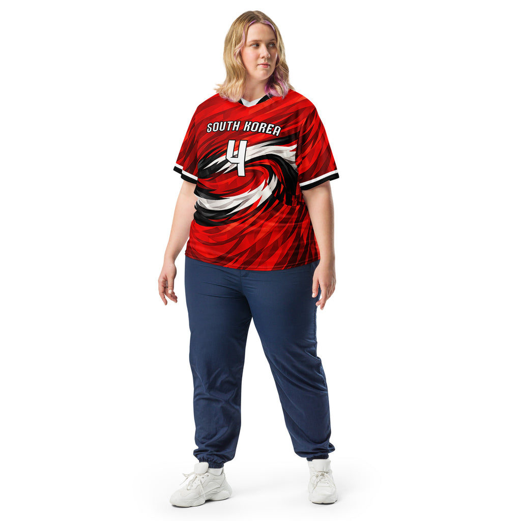 all-over-print-recycled-unisex-sports-jersey-South-Korea-Taegeuk-soccer-jersey- crimson-base-with-sweeping-red black white-wave-design-premium-national-team-fanwear-model-front-view2-female-model