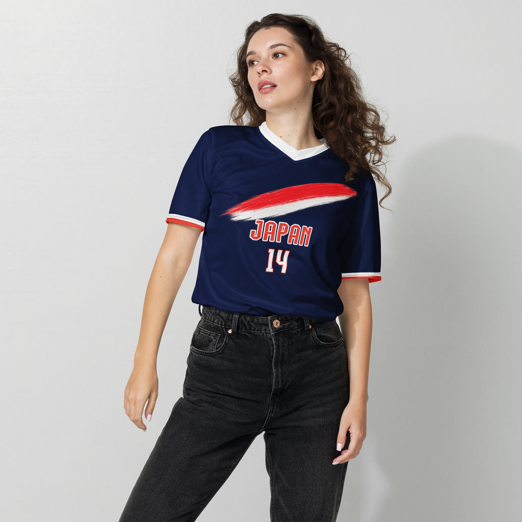 all-over-print-recycled-unisex-sports-jersey-Japan-Prime-edition-soccer-jersey-modern-minimalist-design-inspired-by-Japanese-aesthetics-premium-national-team-fanwear-female-model-front-view