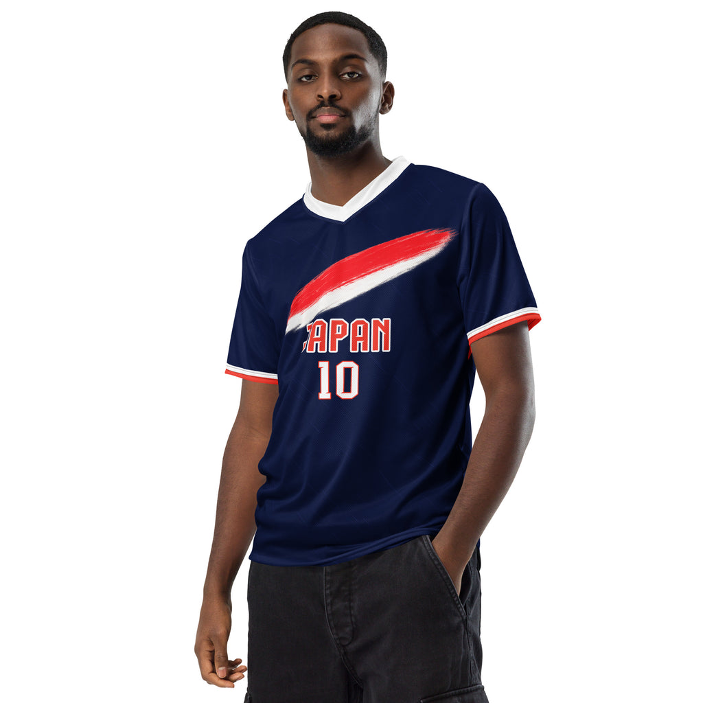 all-over-print-recycled-unisex-sports-jersey-Japan-Prime-edition-soccer-jersey-modern-minimalist-design-inspired-by-Japanese-aesthetics-premium-national-team-fanwear-model-front-view-male-model
