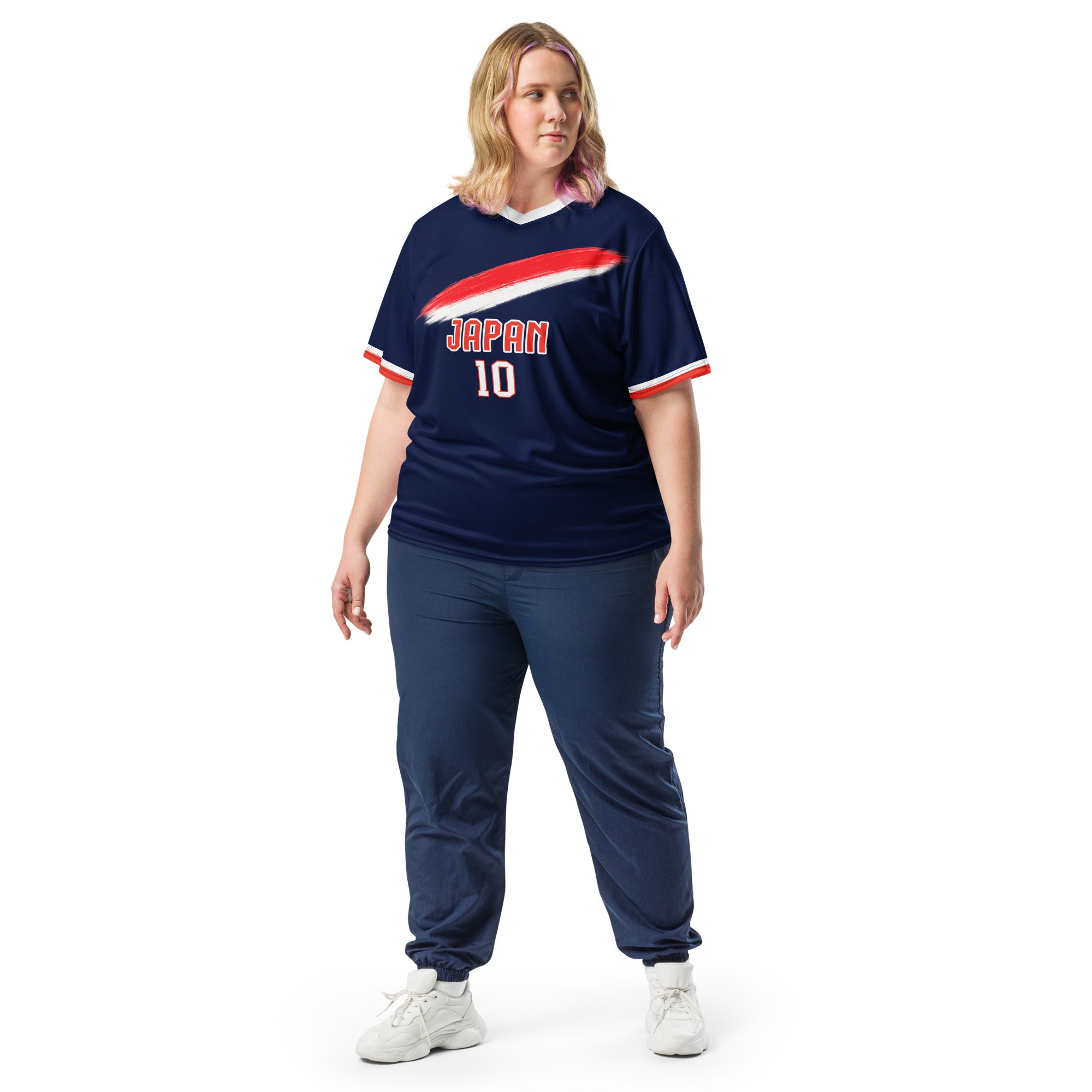 all-over-print-recycled-unisex-sports-jersey-Japan-Prime-edition-soccer-jersey-modern-minimalist-design-inspired-by-Japanese-aesthetics-premium-national-team-fanwear-model-front-view2-female-model